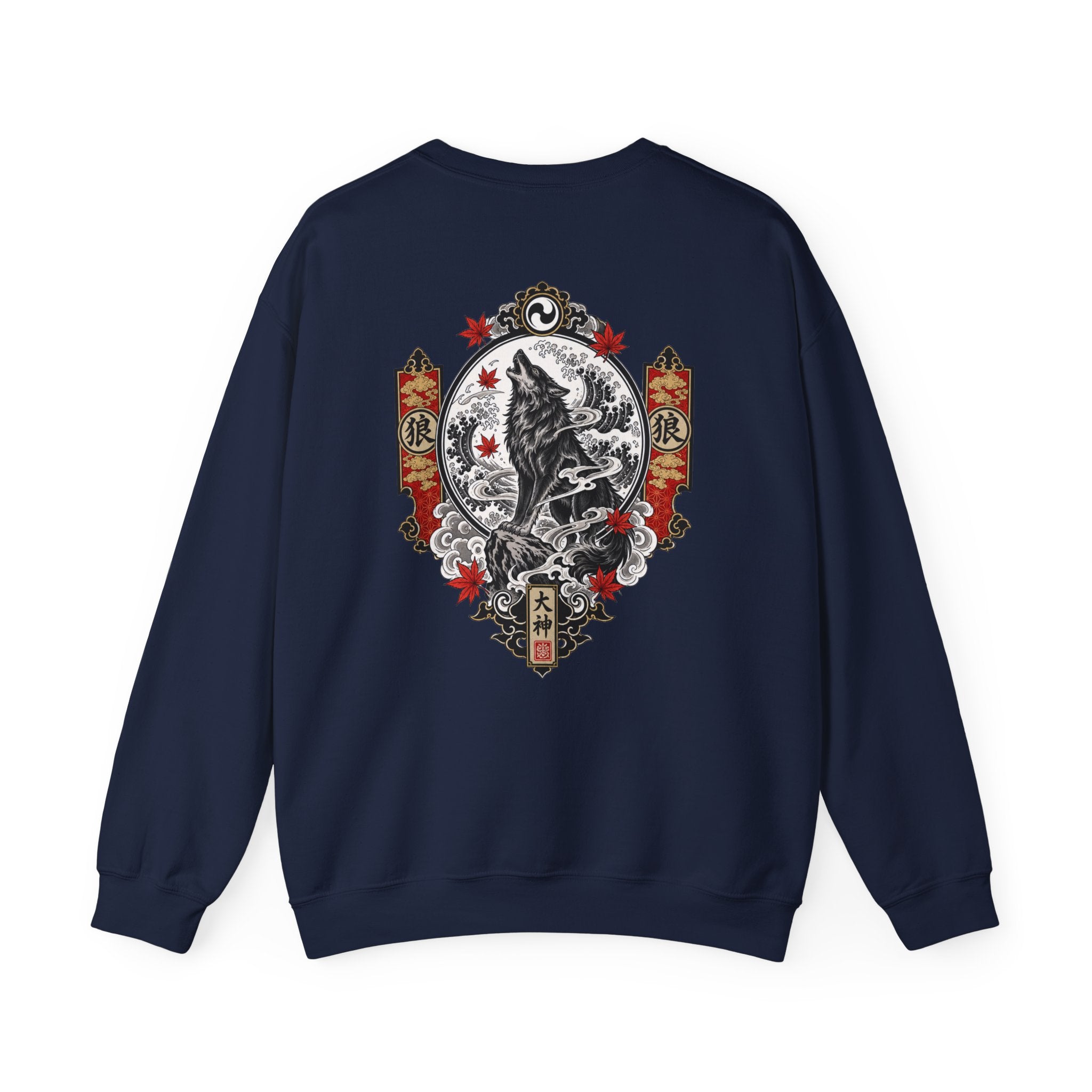 Wolf Crest Crewneck Sweatshirt — Japanese-Inspired Howling Wolf Design