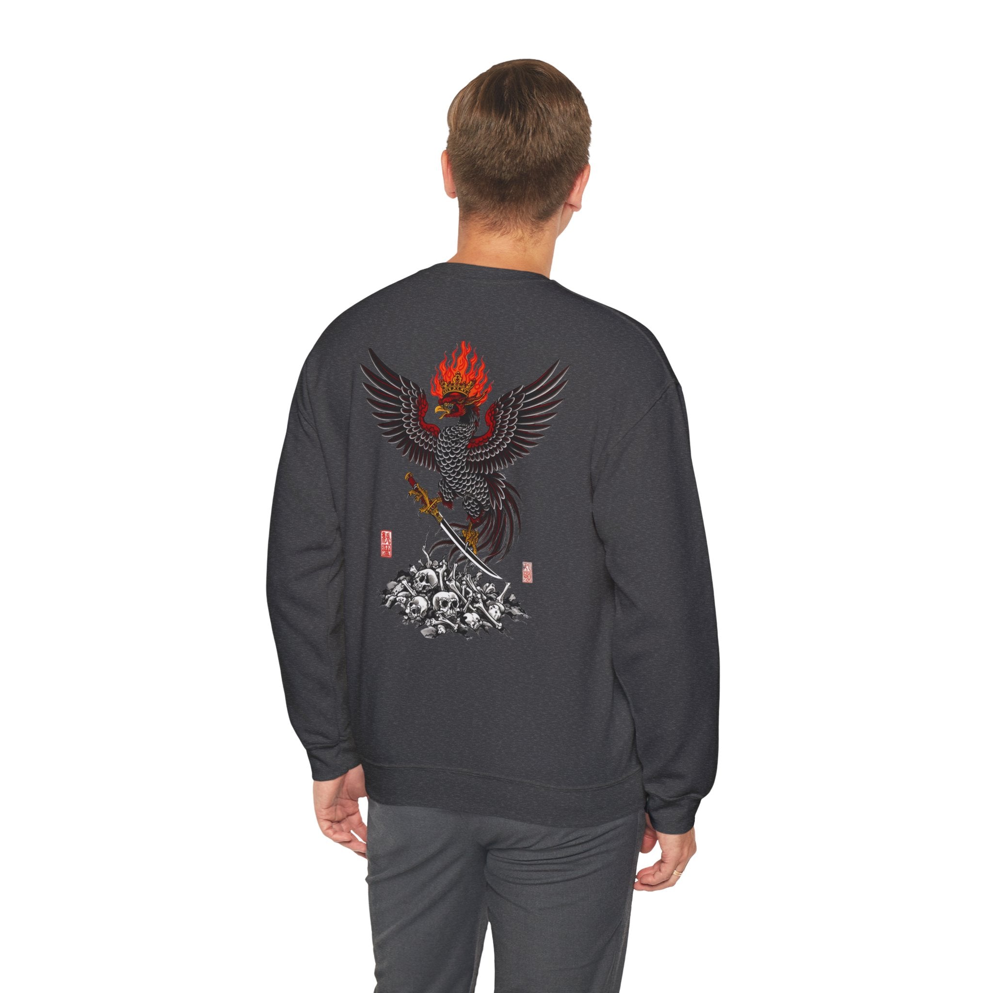 Phoenix Warrior Crewneck Sweatshirt – Flaming Phoenix Sword Back Graphic