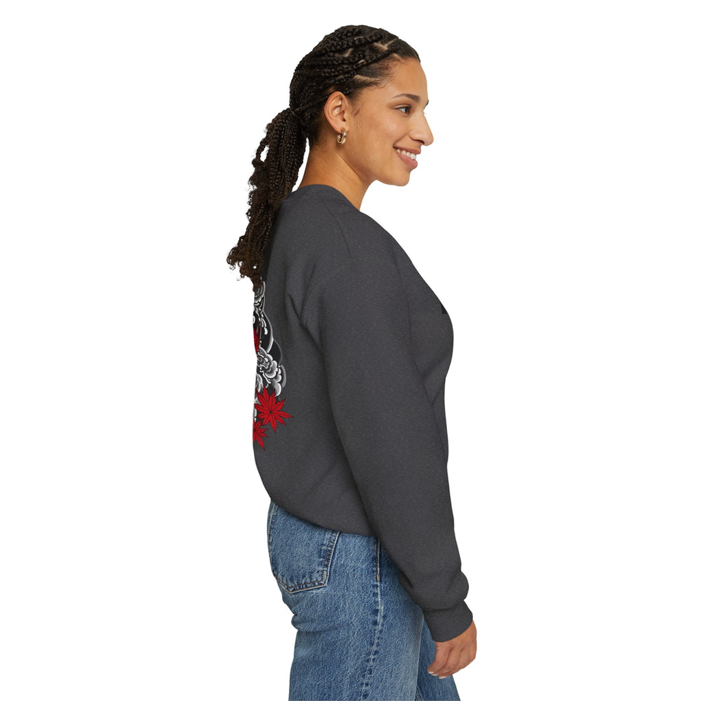 Hannya Demon Crewneck Sweatshirt — Japanese Mask & Maple Leaf Graphic