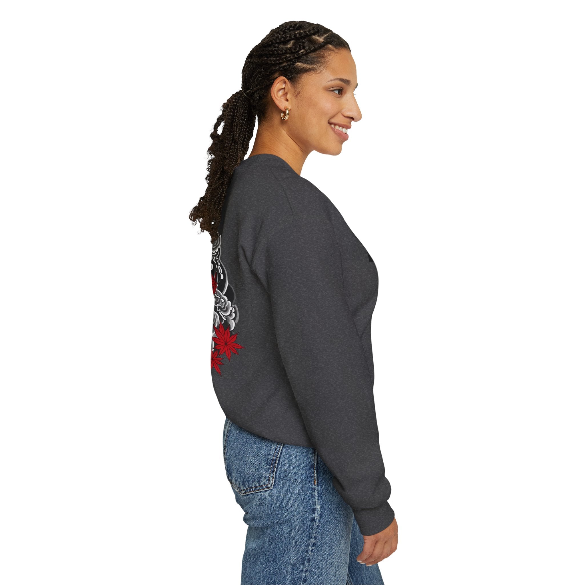 Hannya Demon Crewneck Sweatshirt — Japanese Mask & Maple Leaf Graphic