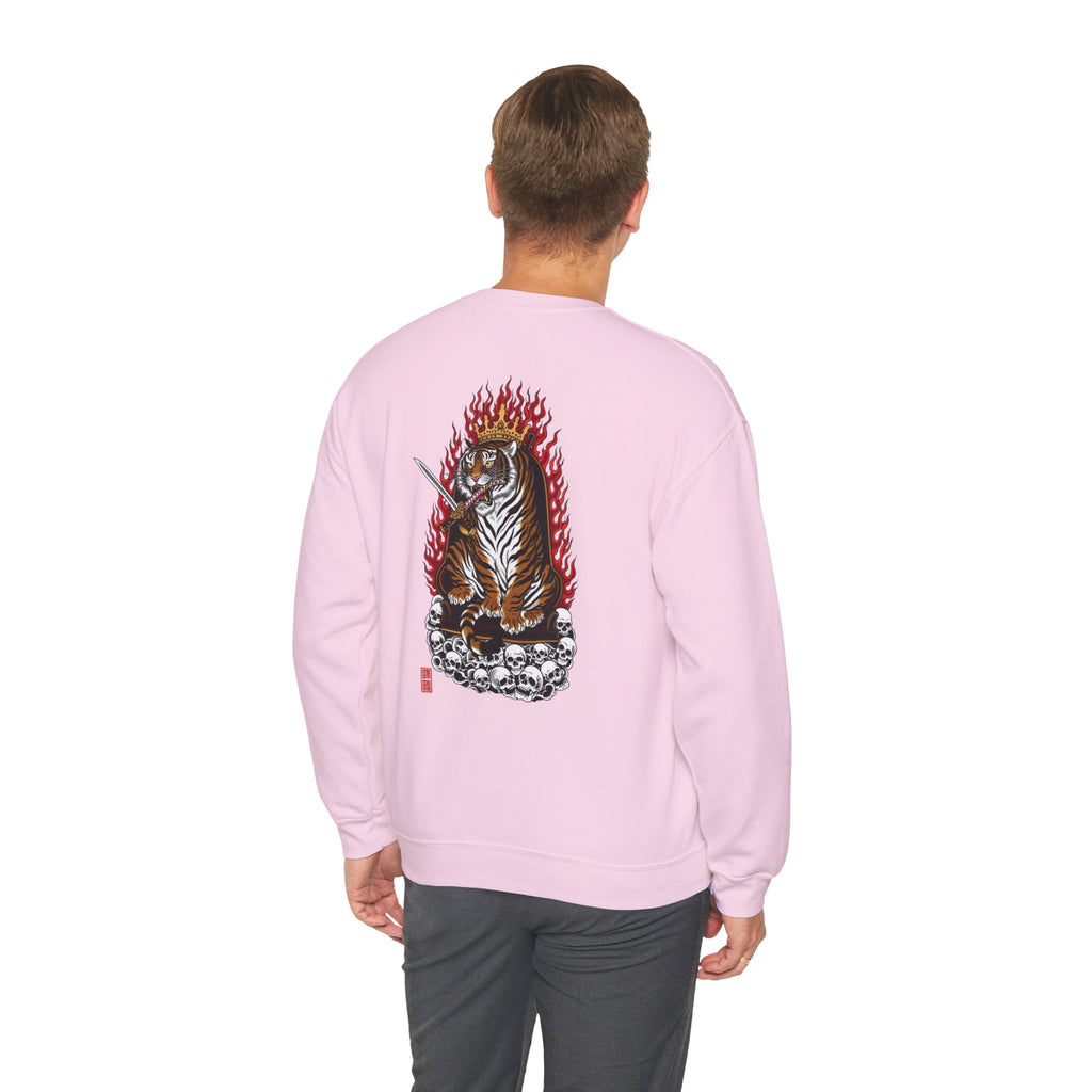 Tiger King Crewneck Sweatshirt — Flaming Tiger on Skulls Graphic
