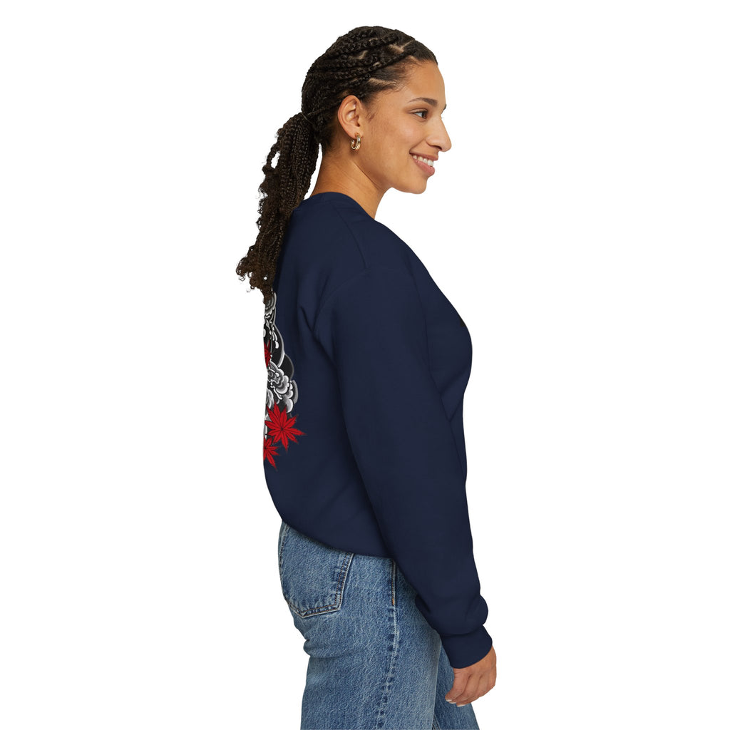Hannya Demon Crewneck Sweatshirt — Japanese Mask & Maple Leaf Graphic