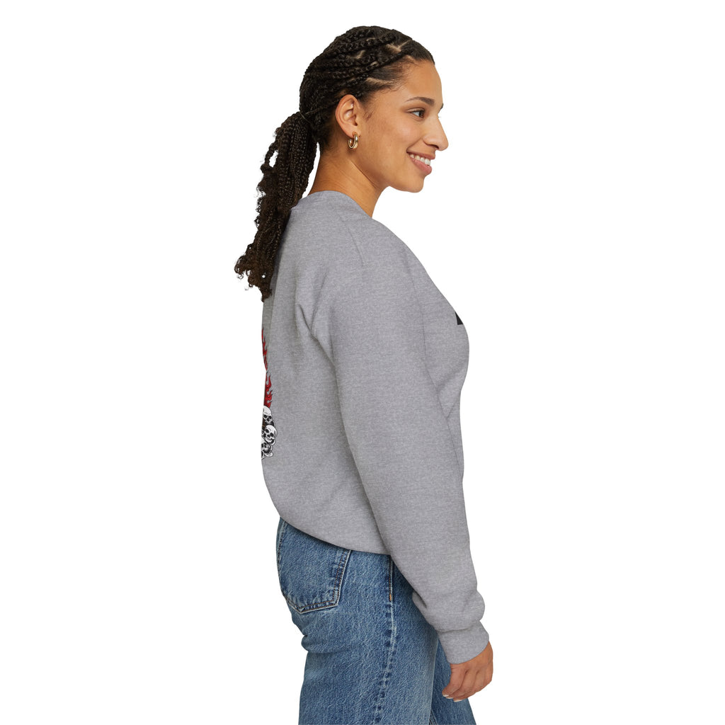 Tiger King Crewneck Sweatshirt — Flaming Tiger on Skulls Graphic