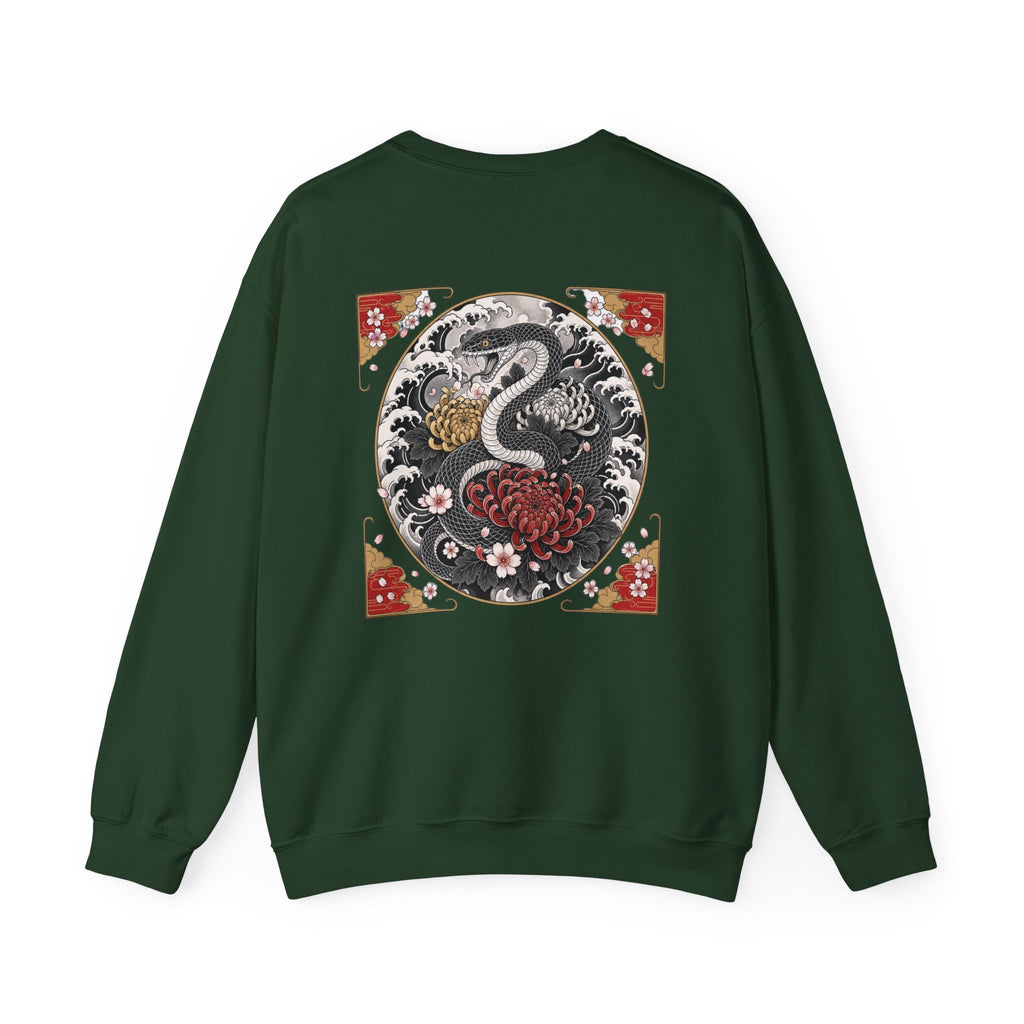 Dragon Circle Crewneck Sweatshirt — Asian-Inspired Snake & Floral Back Graphic