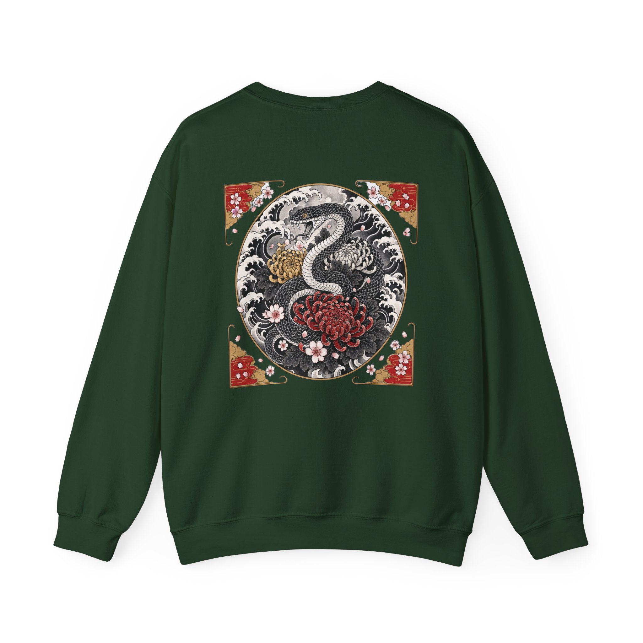 Dragon Circle Crewneck Sweatshirt — Asian-Inspired Snake & Floral Back Graphic