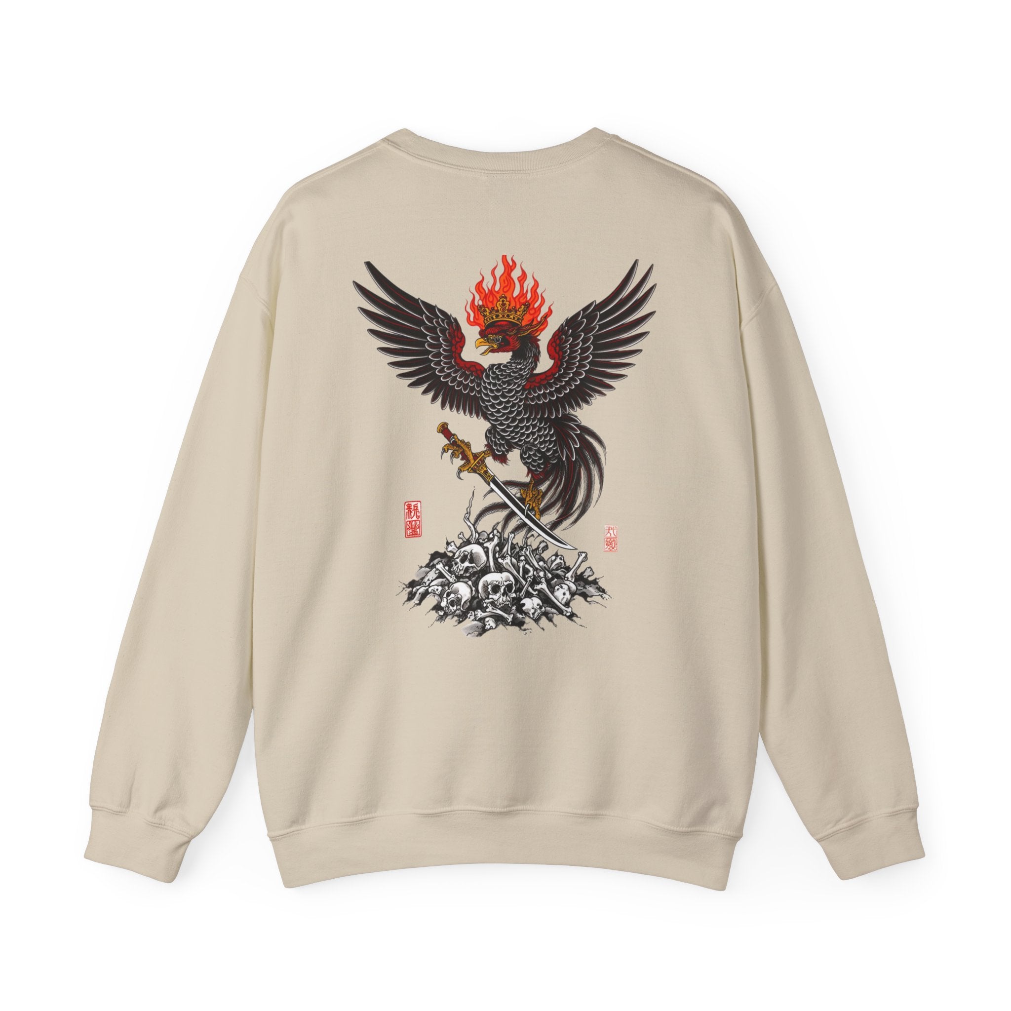 Phoenix Warrior Crewneck Sweatshirt – Flaming Phoenix Sword Back Graphic