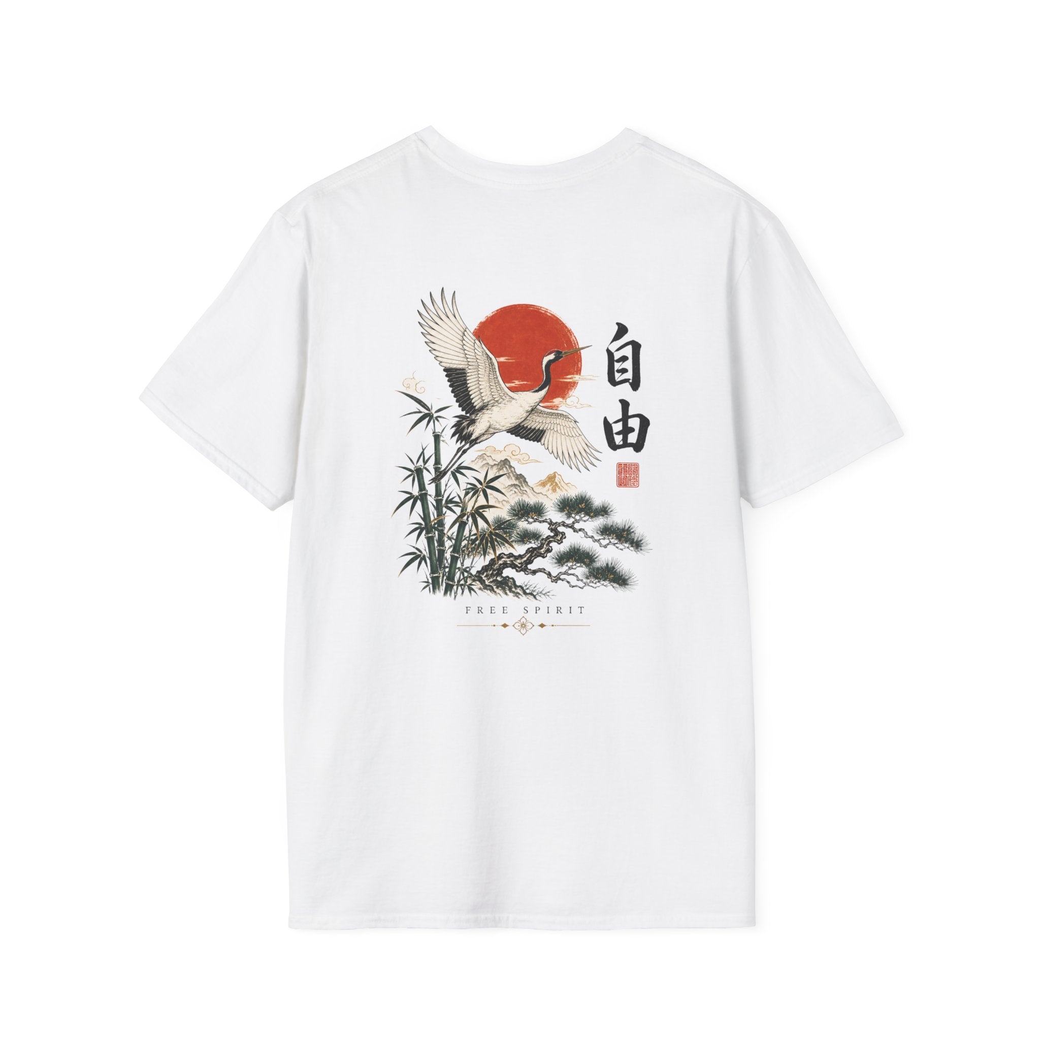 Crane & Rising Sun T-Shirt — Japanese-Inspired Freedom Graphic Tee
