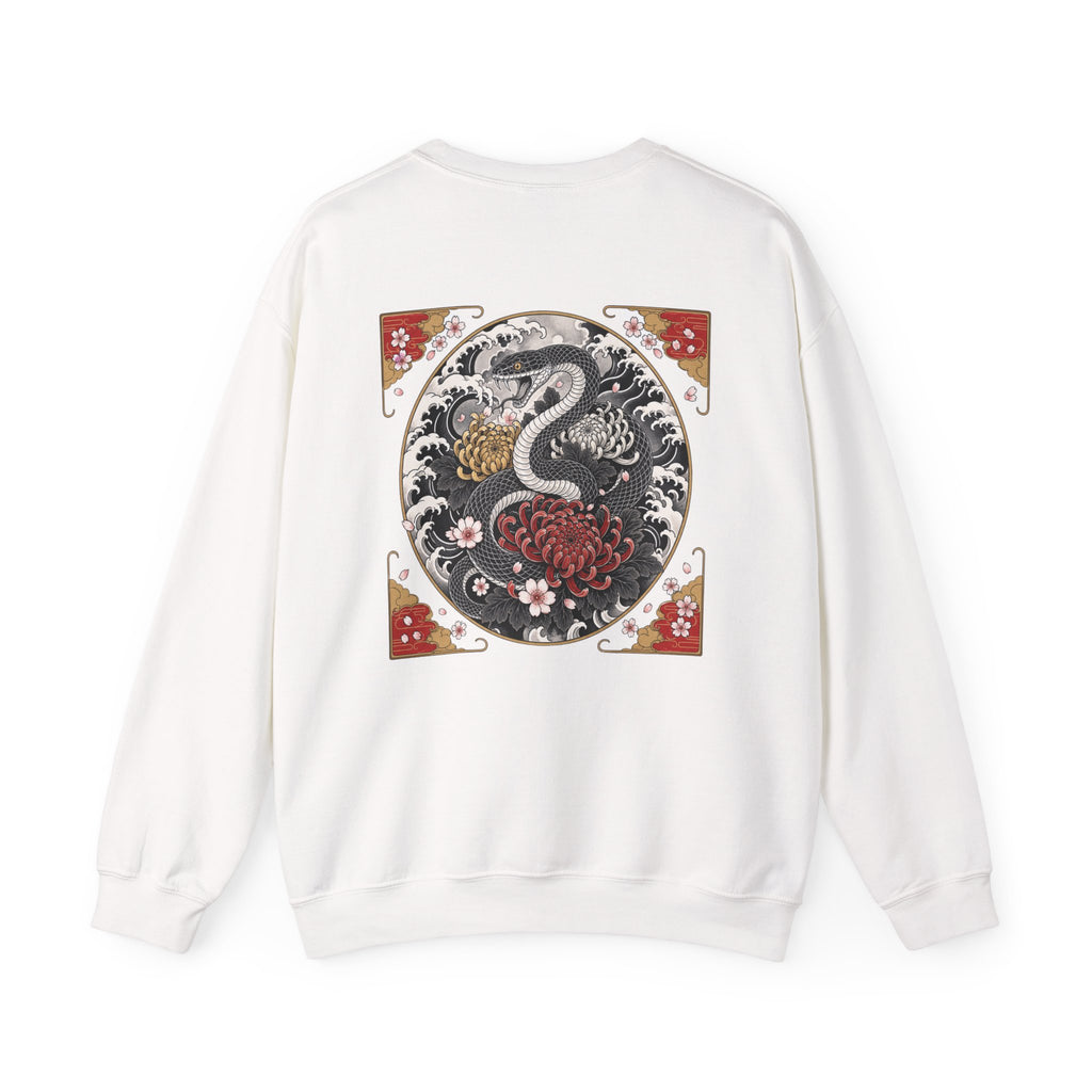 Dragon Circle Crewneck Sweatshirt — Asian-Inspired Snake & Floral Back Graphic