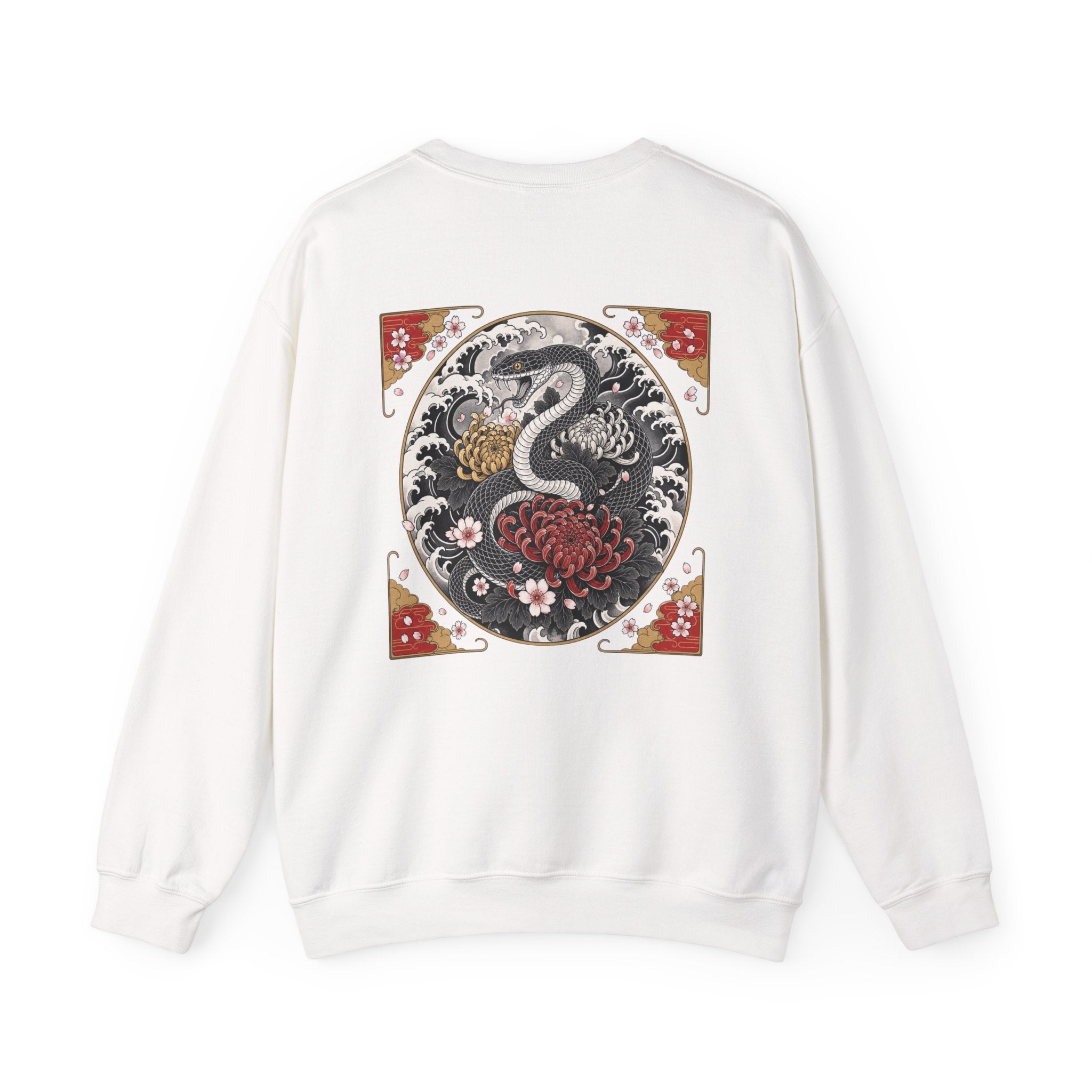 Dragon Circle Crewneck Sweatshirt — Asian-Inspired Snake & Floral Back Graphic