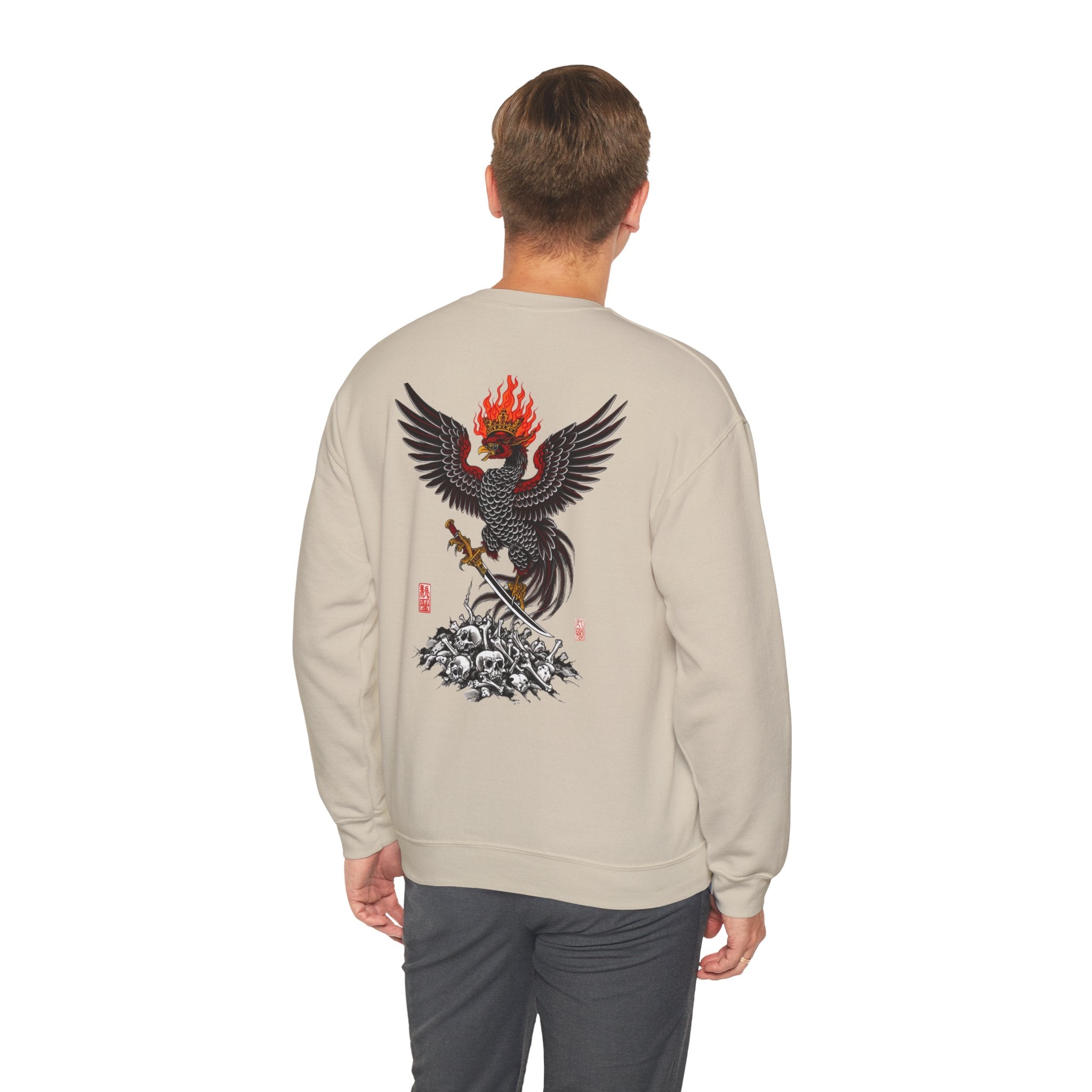 Phoenix Warrior Crewneck Sweatshirt – Flaming Phoenix Sword Back Graphic