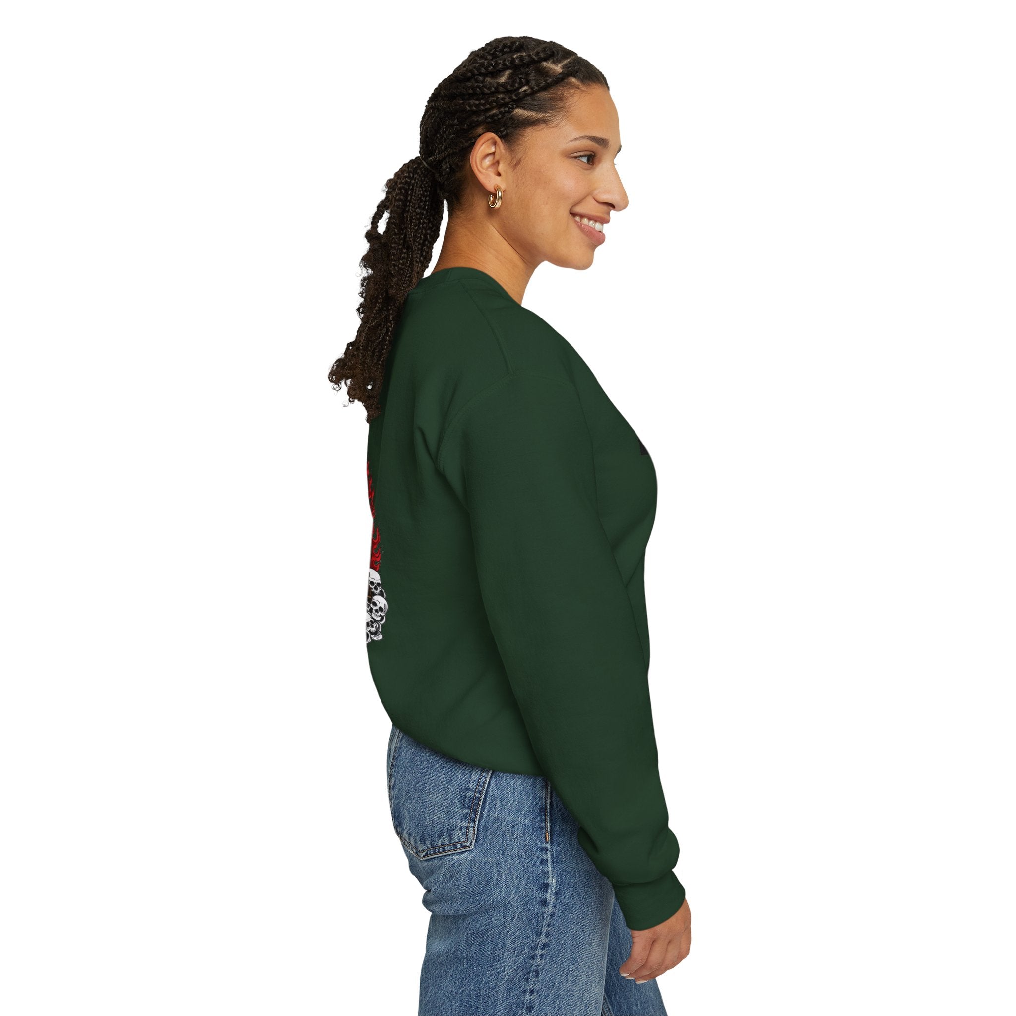 Tiger King Crewneck Sweatshirt — Flaming Tiger on Skulls Graphic