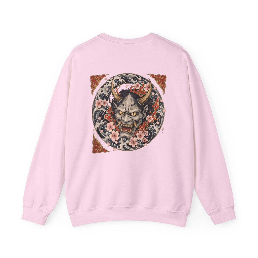 Hannya Mask Crewneck Sweatshirt — Japanese Demon Floral Back Print