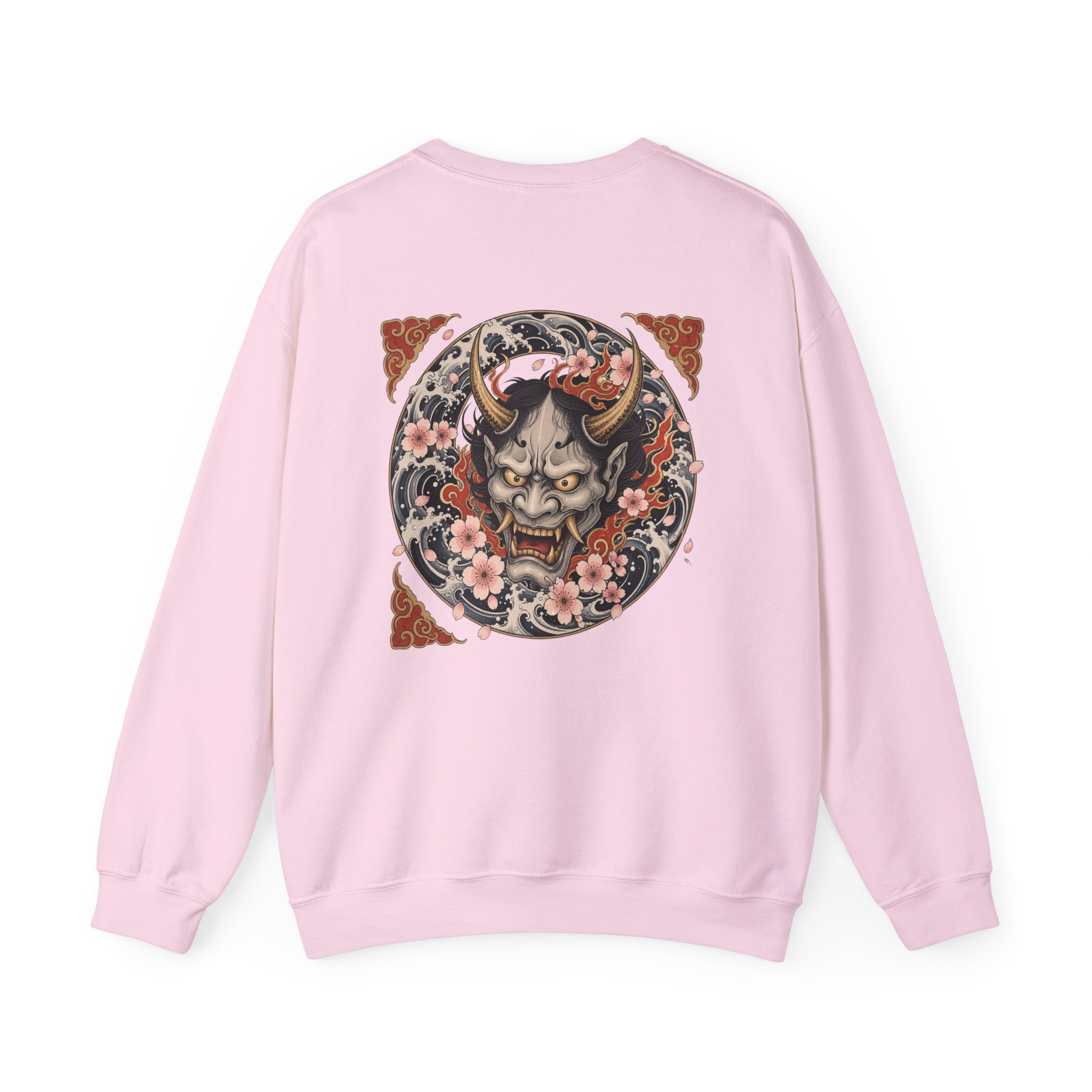 Hannya Mask Crewneck Sweatshirt — Japanese Demon Floral Back Print