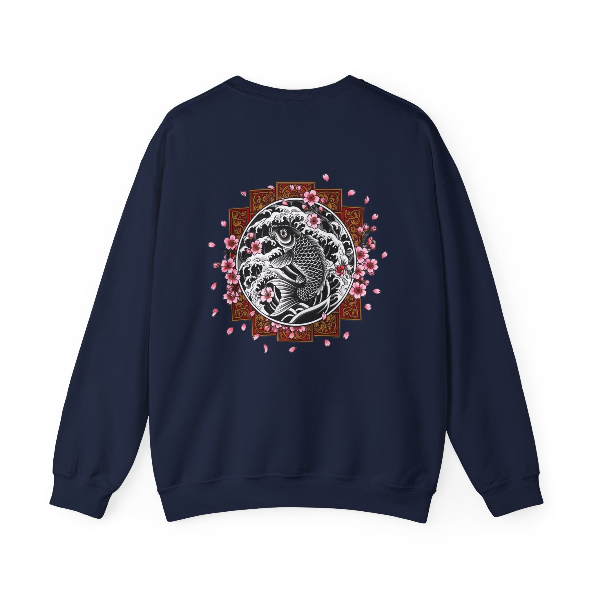 Crewneck Sweatshirt — Koi Fish Cherry Blossom Graphic Back, Minimal Front Logo
