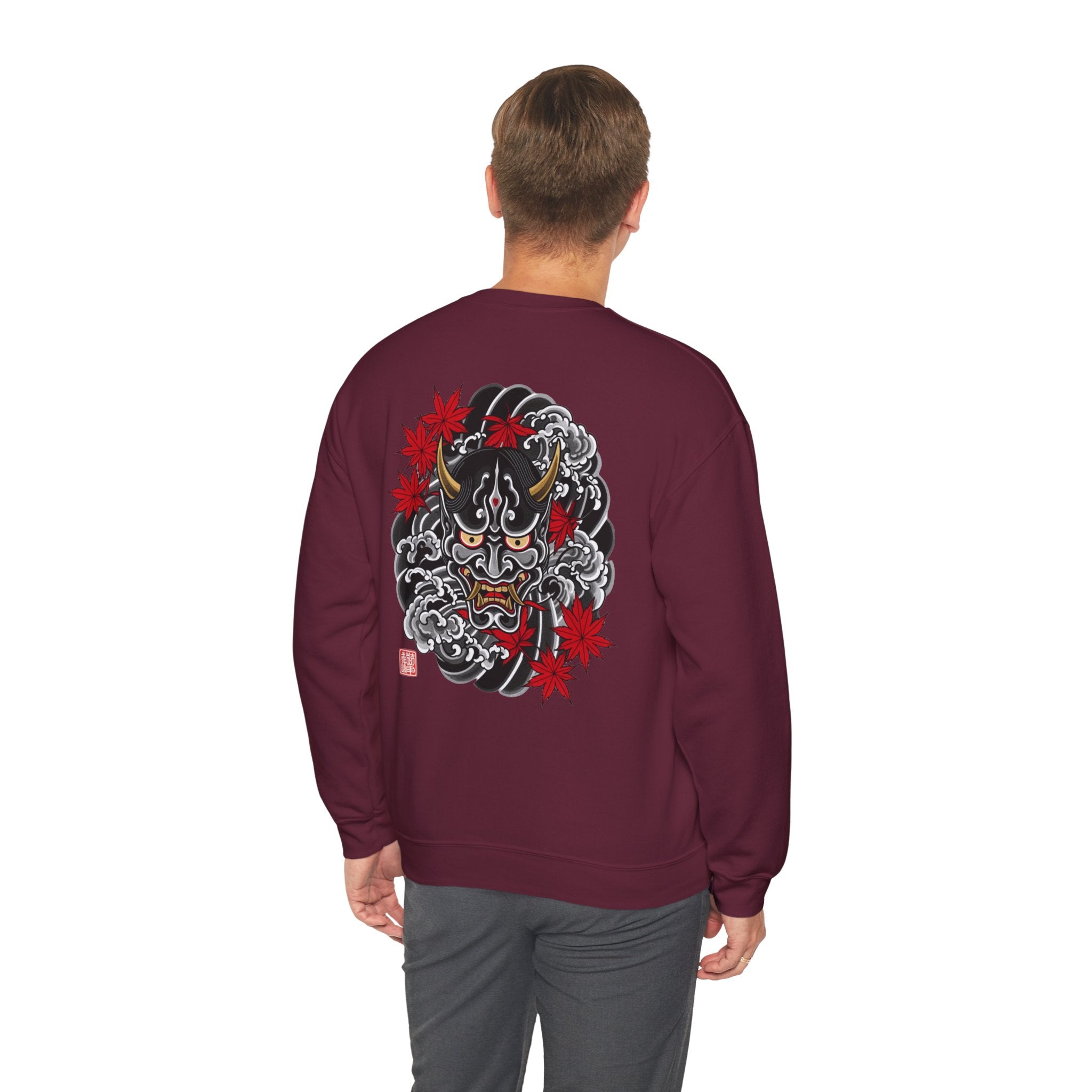 Hannya Demon Crewneck Sweatshirt — Japanese Mask & Maple Leaf Graphic