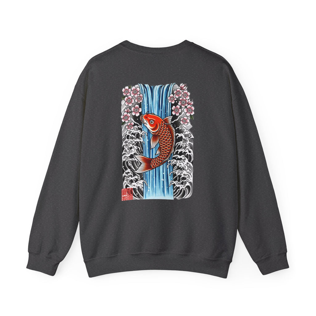 Koi Waterfall Crewneck Sweatshirt — Japanese Koi & Cherry Blossom Back Graphic