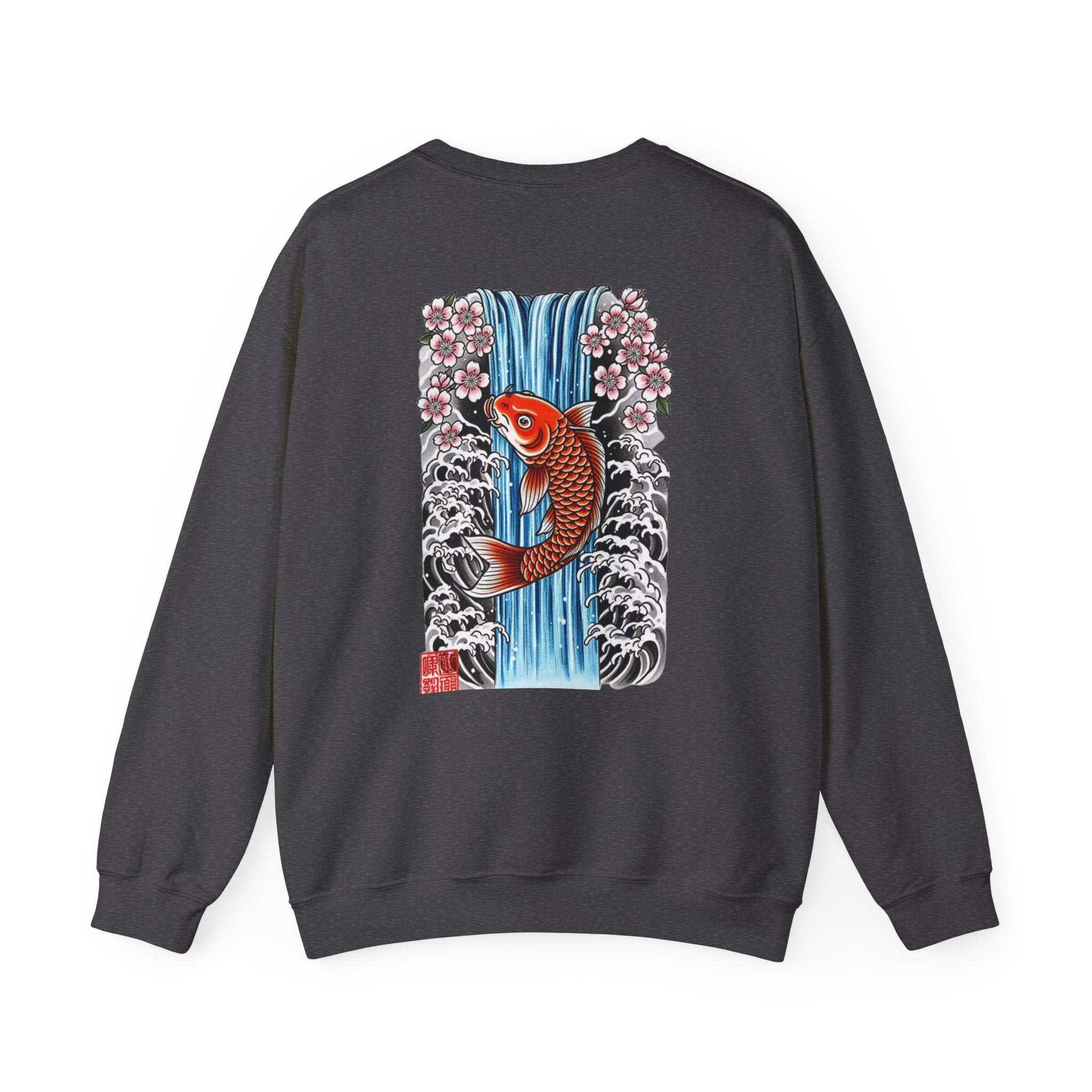 Koi Waterfall Crewneck Sweatshirt — Japanese Koi & Cherry Blossom Back Graphic