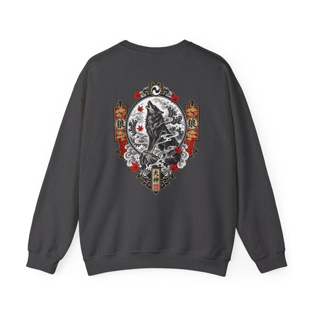 Wolf Crest Crewneck Sweatshirt — Japanese-Inspired Howling Wolf Design