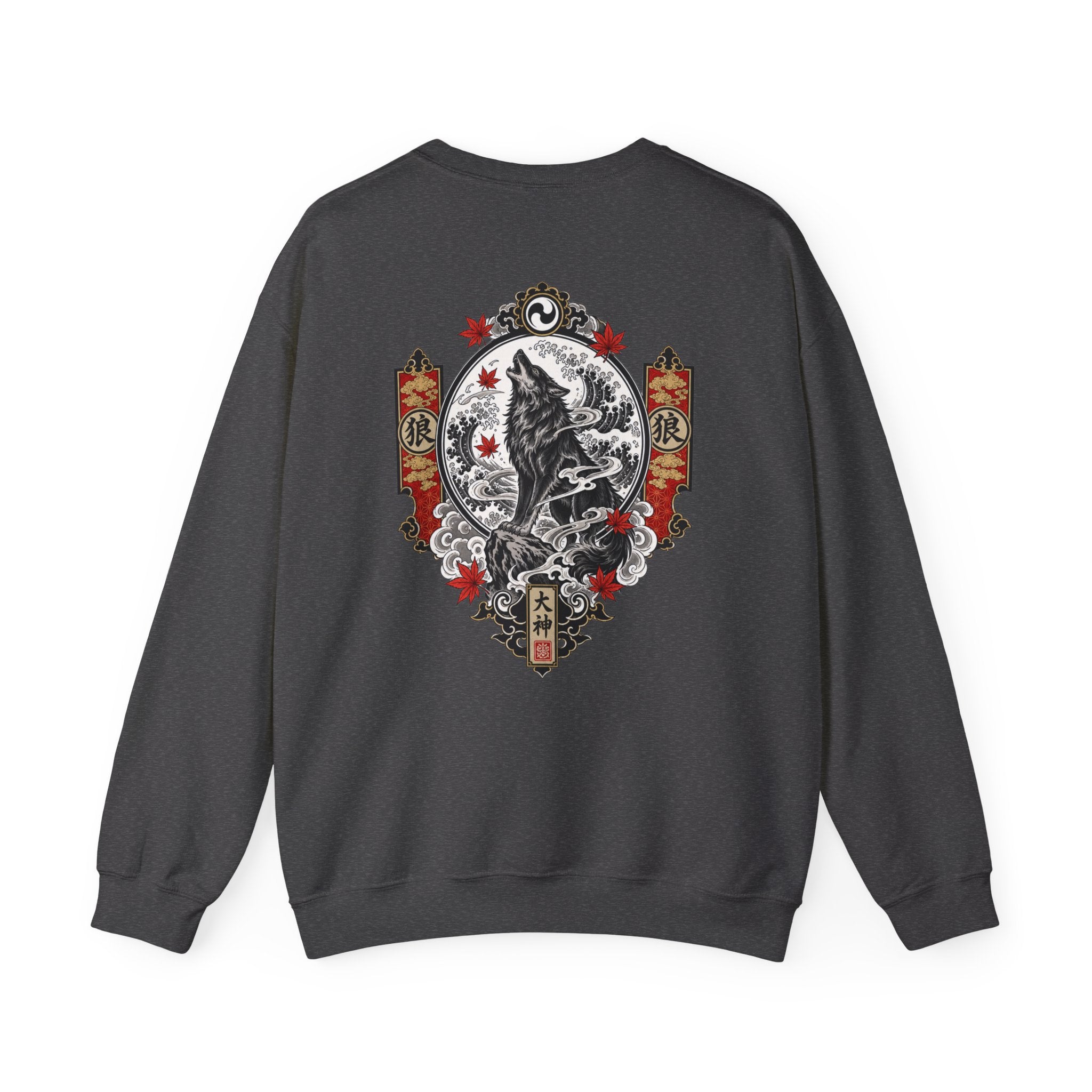 Wolf Crest Crewneck Sweatshirt — Japanese-Inspired Howling Wolf Design