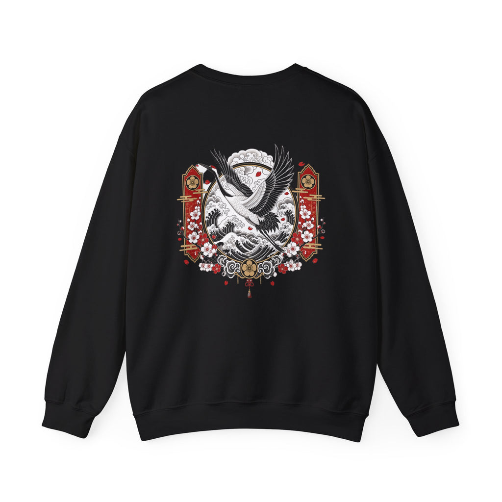 Crane Moon Crewneck Sweatshirt — Japanese-Inspired Crane & Moon Back Graphic