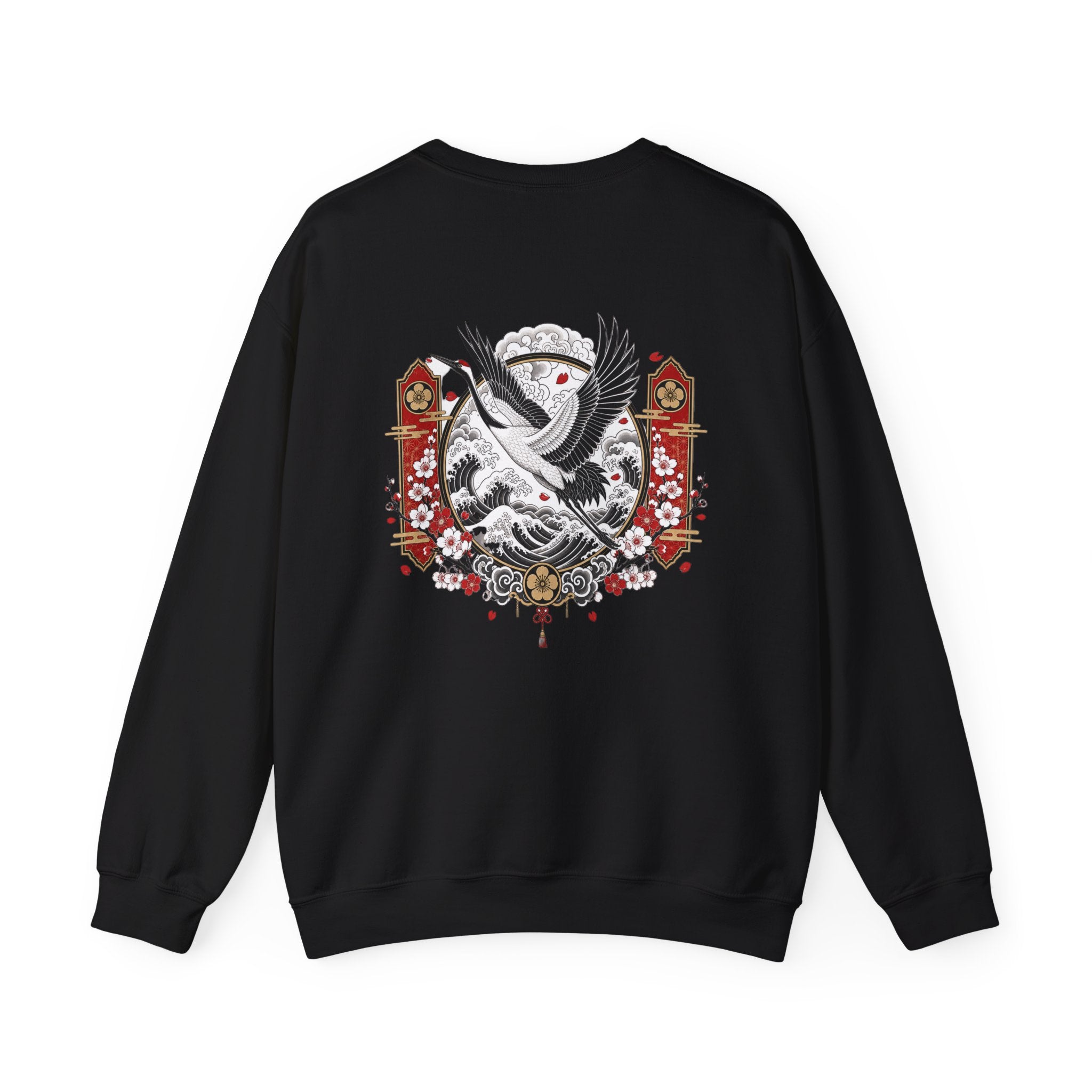 Crane Moon Crewneck Sweatshirt — Japanese-Inspired Crane & Moon Back Graphic