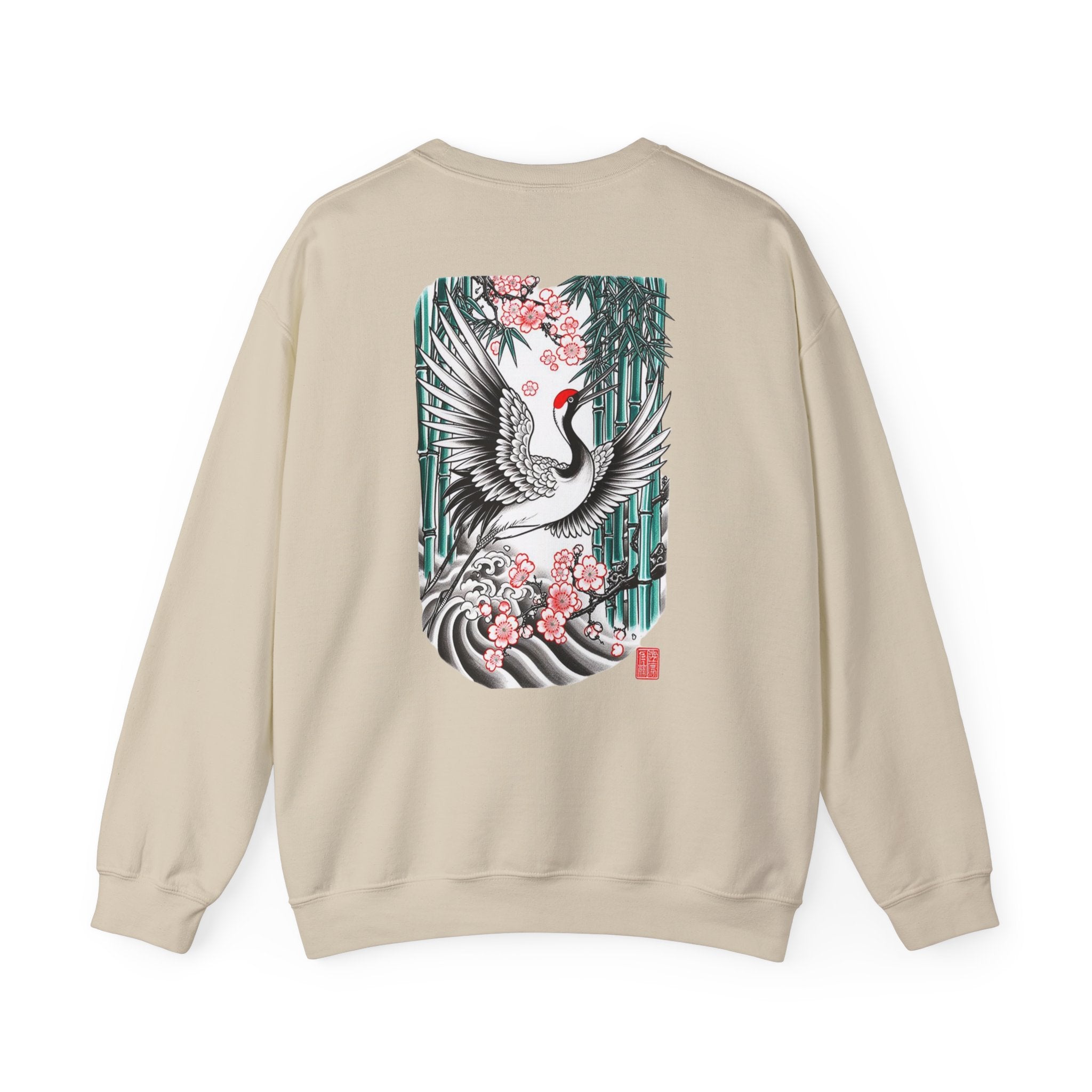 Crane & Cherry Blossom Crewneck Sweatshirt — Japanese Crane Graphic Pullover