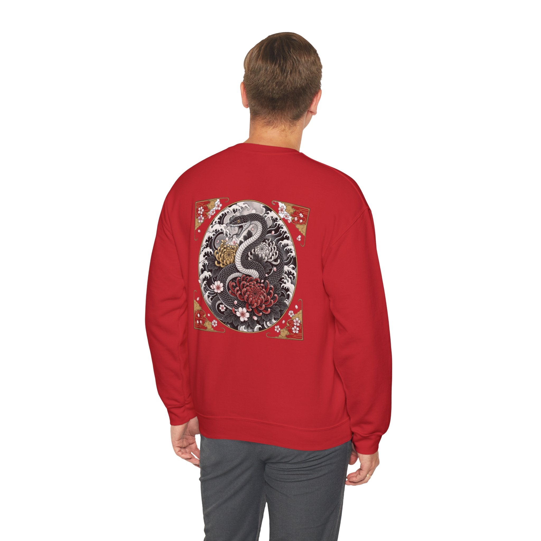 Dragon Circle Crewneck Sweatshirt — Asian-Inspired Snake & Floral Back Graphic