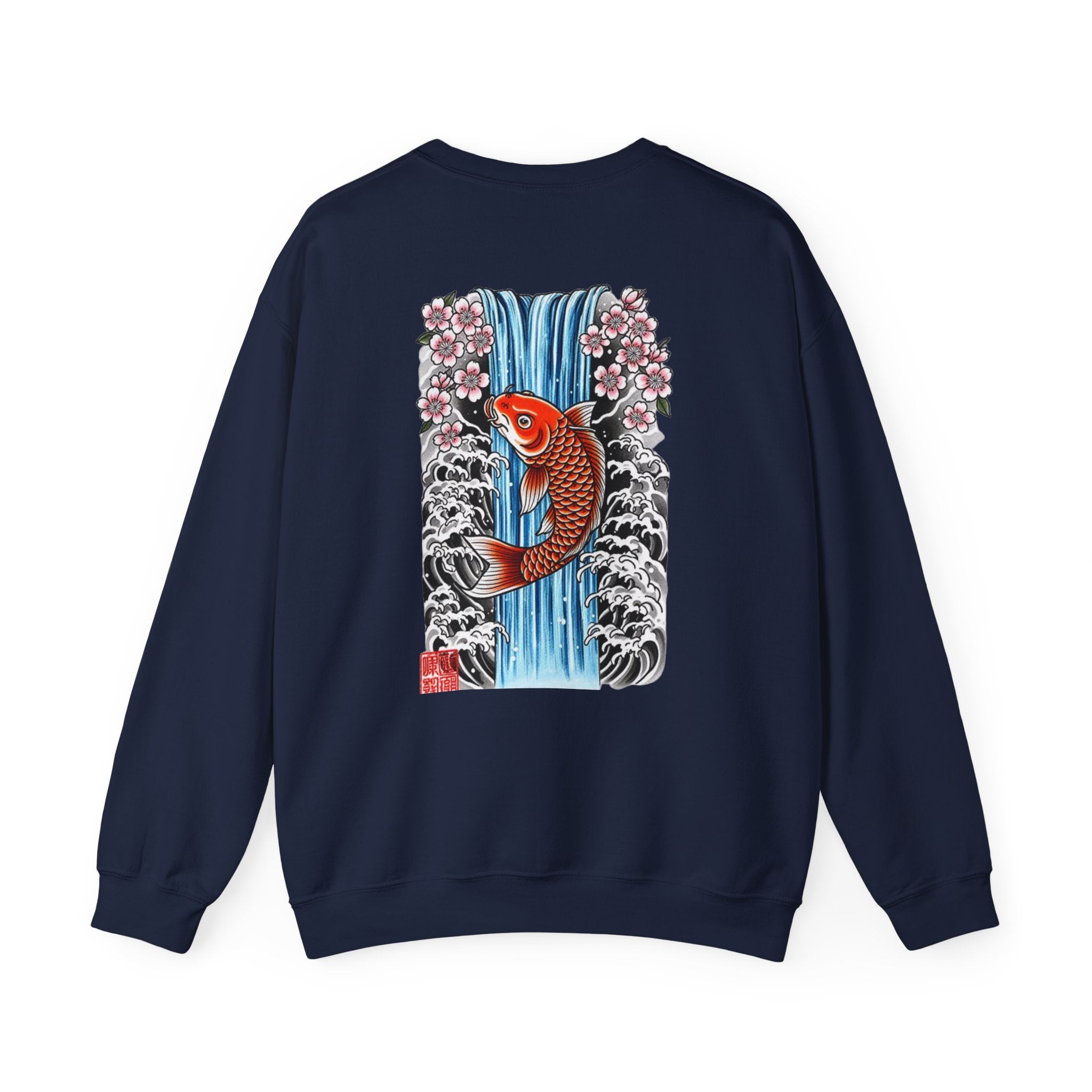 Koi Waterfall Crewneck Sweatshirt — Japanese Koi & Cherry Blossom Back Graphic