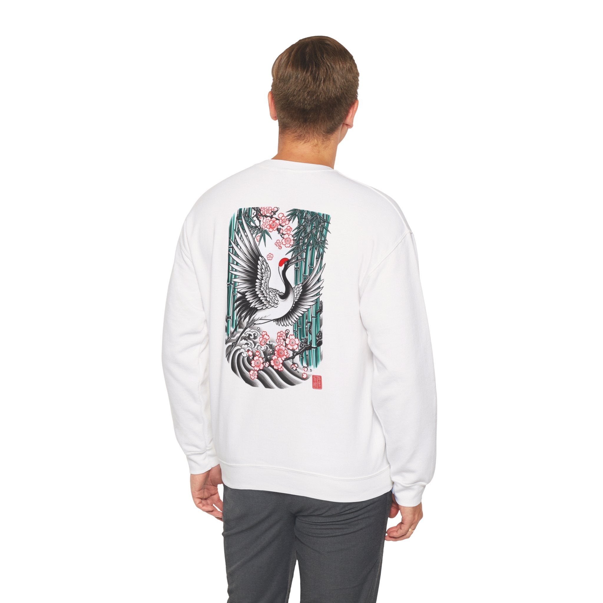 Crane & Cherry Blossom Crewneck Sweatshirt — Japanese Crane Graphic Pullover