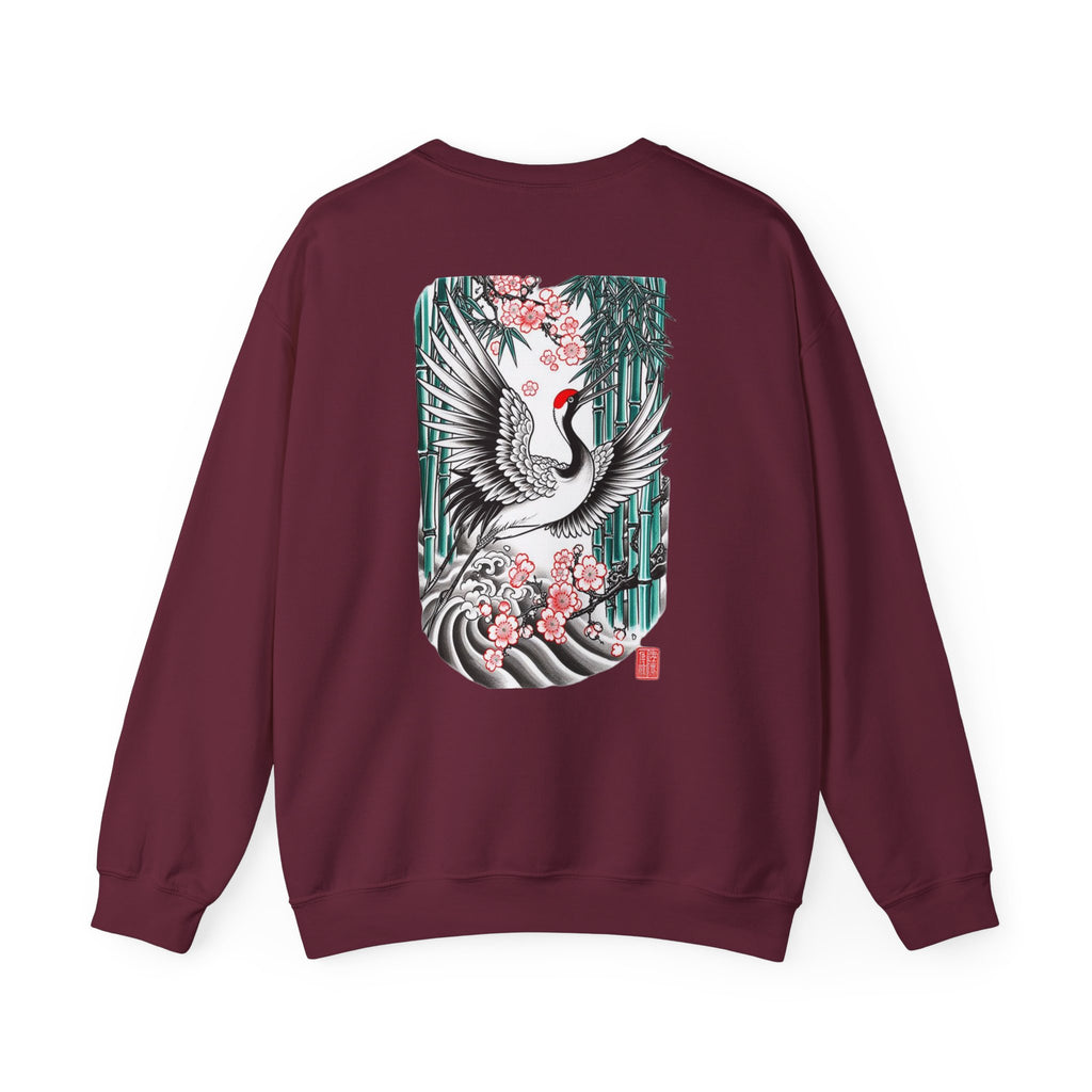 Crane & Cherry Blossom Crewneck Sweatshirt — Japanese Crane Graphic Pullover