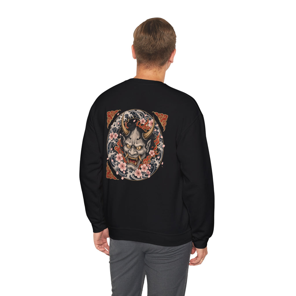Hannya Mask Crewneck Sweatshirt — Japanese Demon Floral Back Print