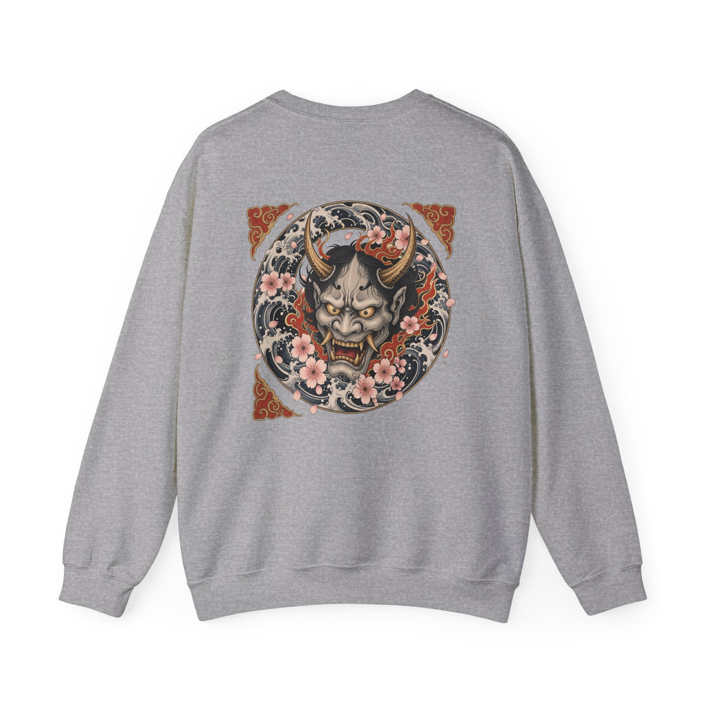 Hannya Mask Crewneck Sweatshirt — Japanese Demon Floral Back Print