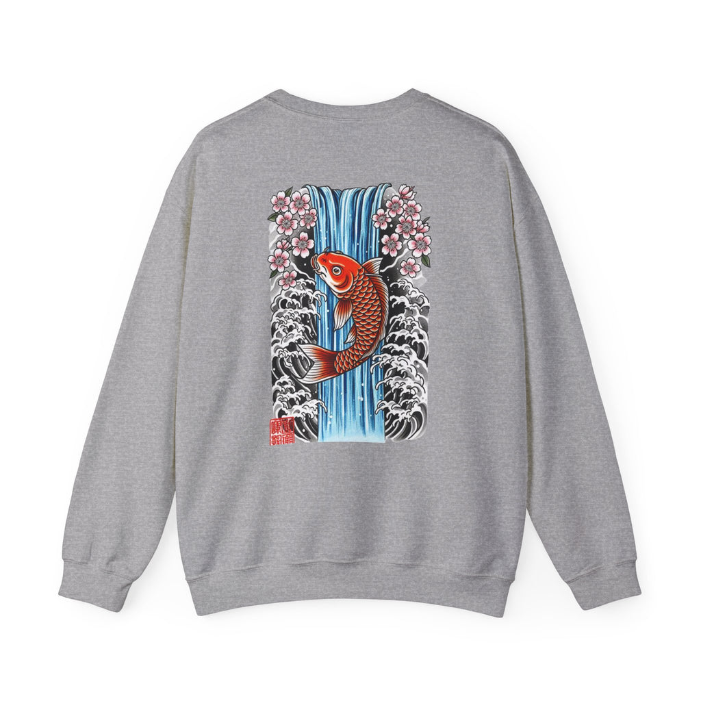 Koi Waterfall Crewneck Sweatshirt — Japanese Koi & Cherry Blossom Back Graphic