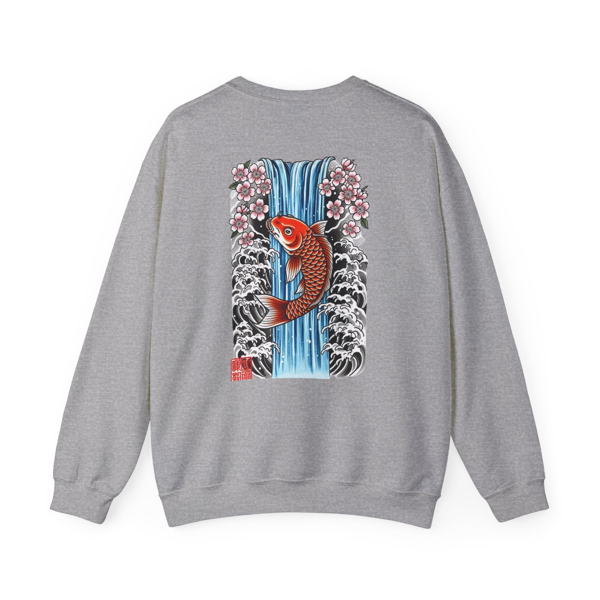 Koi Waterfall Crewneck Sweatshirt — Japanese Koi & Cherry Blossom Back Graphic