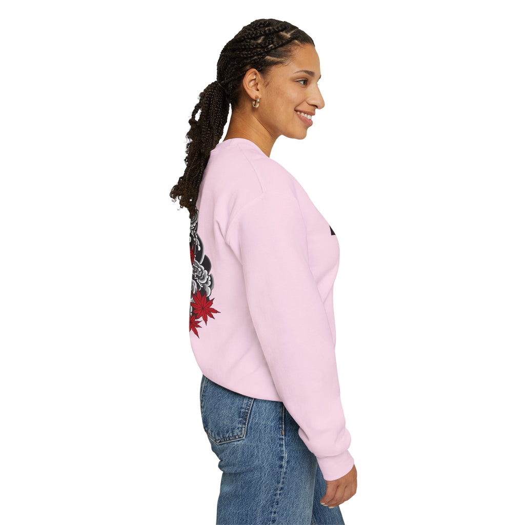 Hannya Demon Crewneck Sweatshirt — Japanese Mask & Maple Leaf Graphic