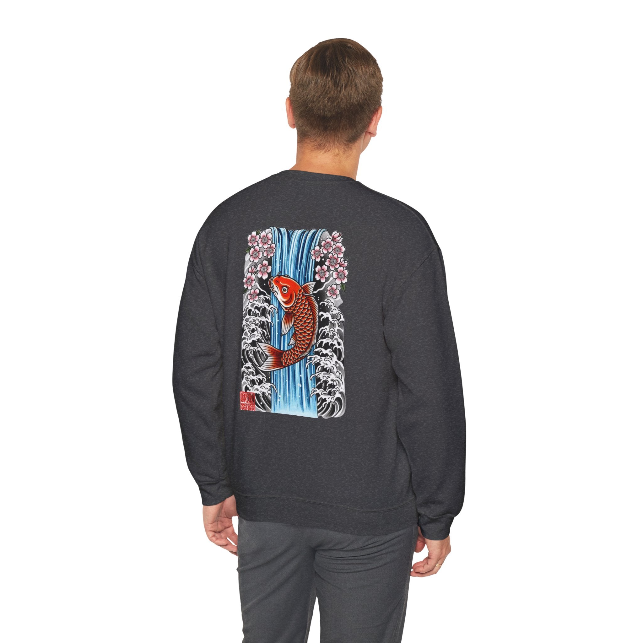 Koi Waterfall Crewneck Sweatshirt — Japanese Koi & Cherry Blossom Back Graphic