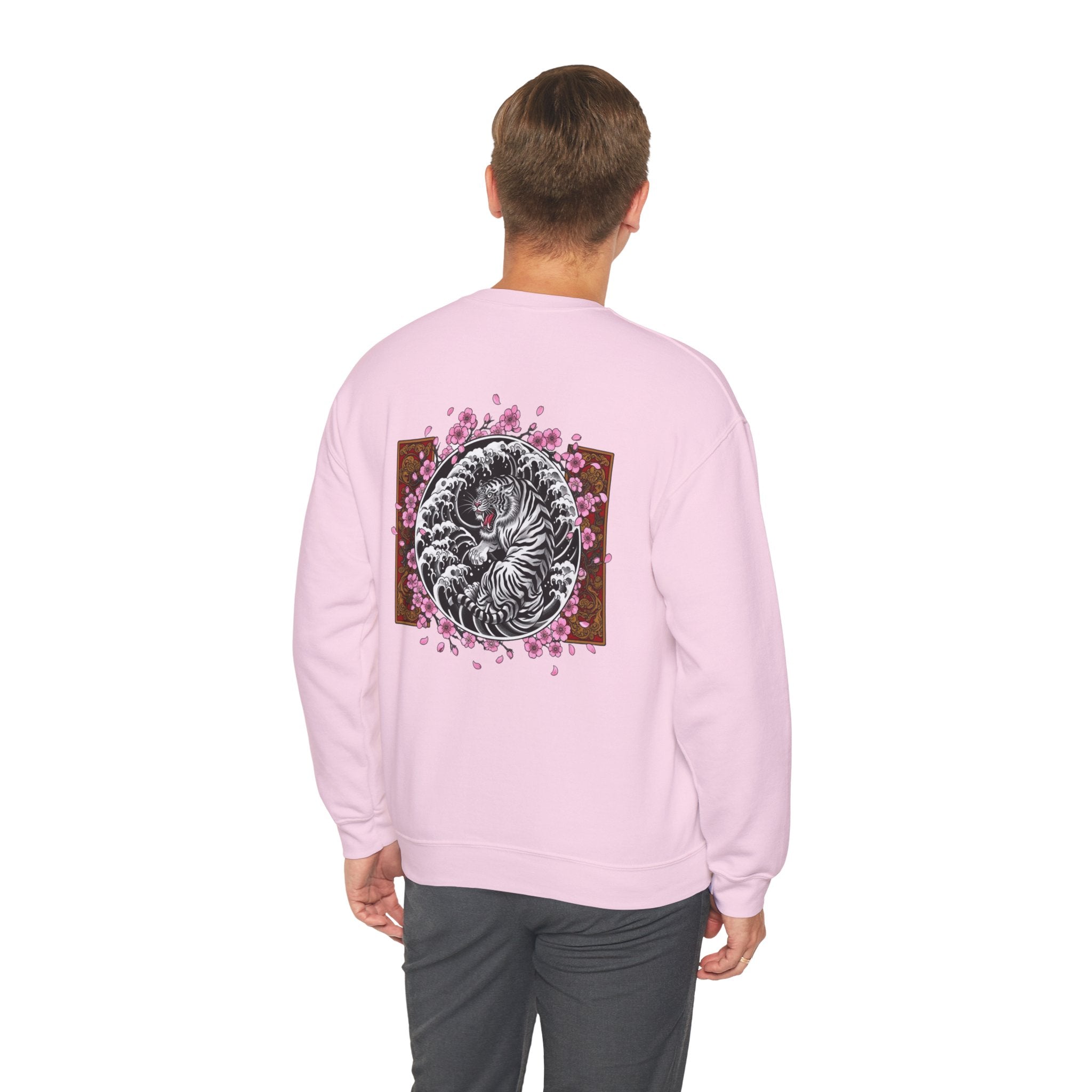 Crewneck Sweatshirt — Yin Yang Tiger with Cherry Blossoms Graphic