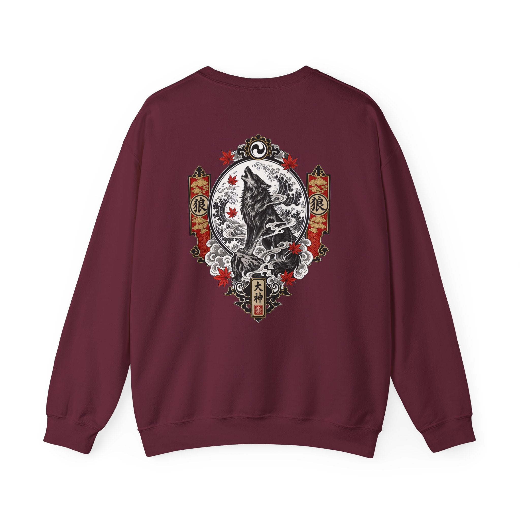 Wolf Crest Crewneck Sweatshirt — Japanese-Inspired Howling Wolf Design