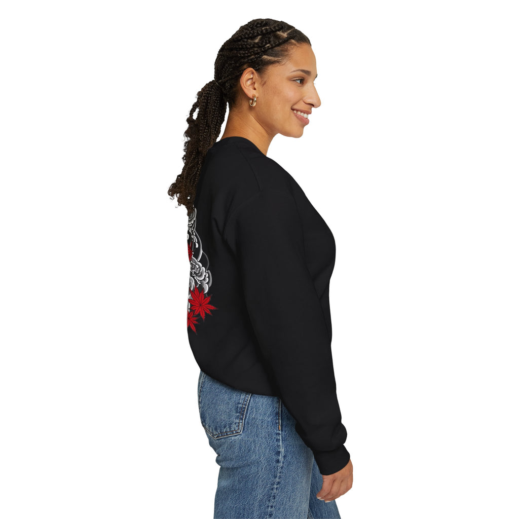 Hannya Demon Crewneck Sweatshirt — Japanese Mask & Maple Leaf Graphic
