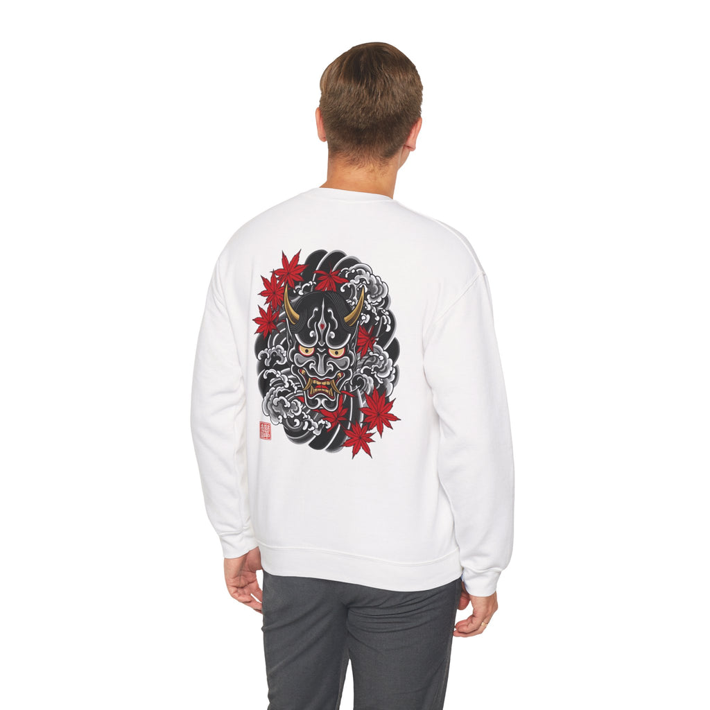 Hannya Demon Crewneck Sweatshirt — Japanese Mask & Maple Leaf Graphic