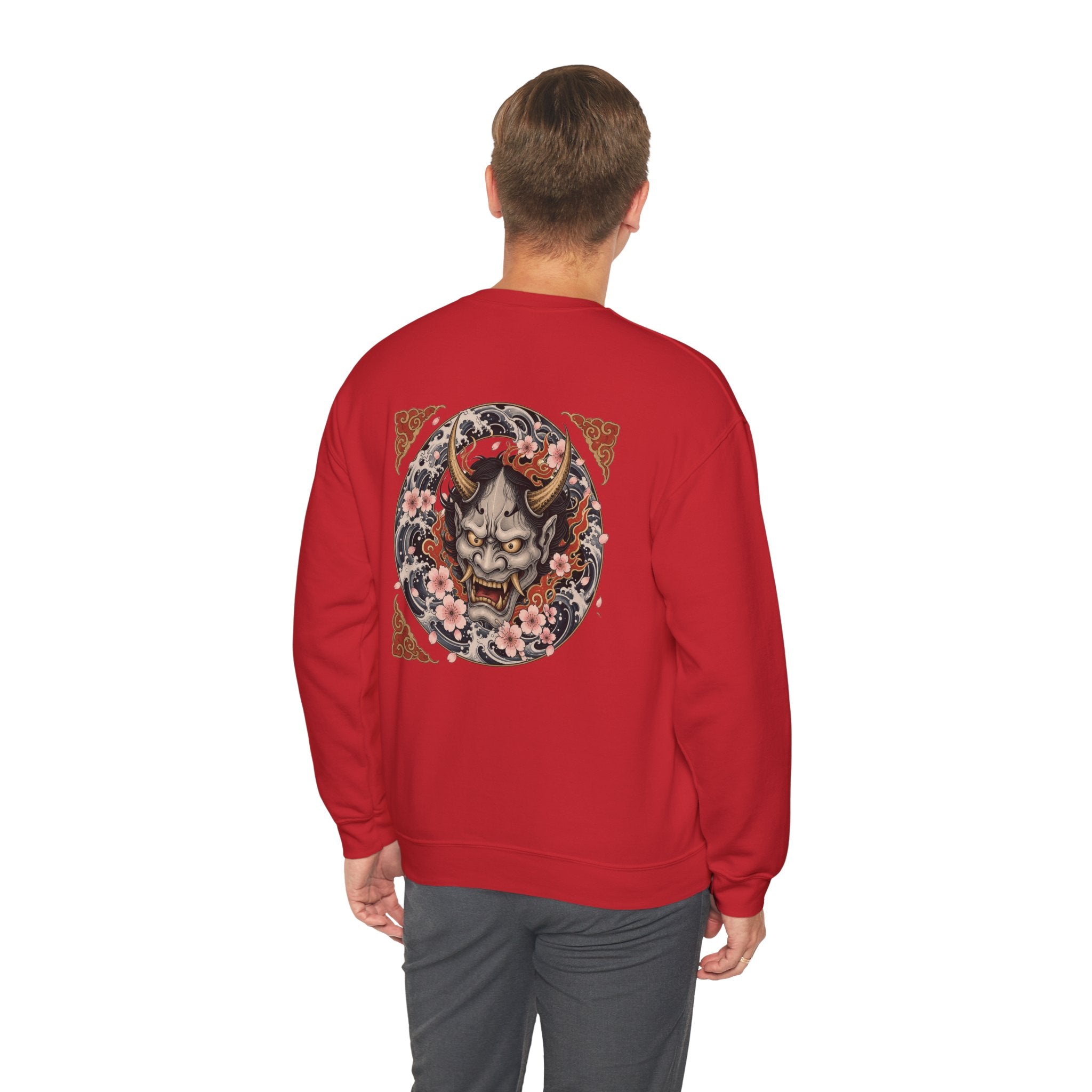 Hannya Mask Crewneck Sweatshirt — Japanese Demon Floral Back Print