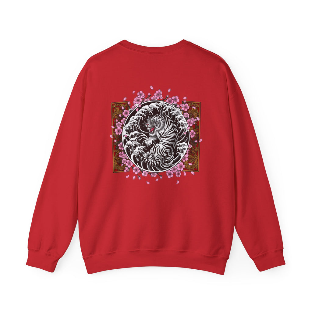 Crewneck Sweatshirt — Yin Yang Tiger with Cherry Blossoms Graphic