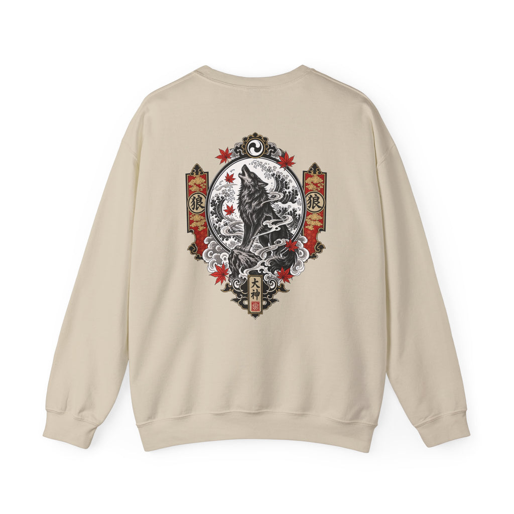 Wolf Crest Crewneck Sweatshirt — Japanese-Inspired Howling Wolf Design