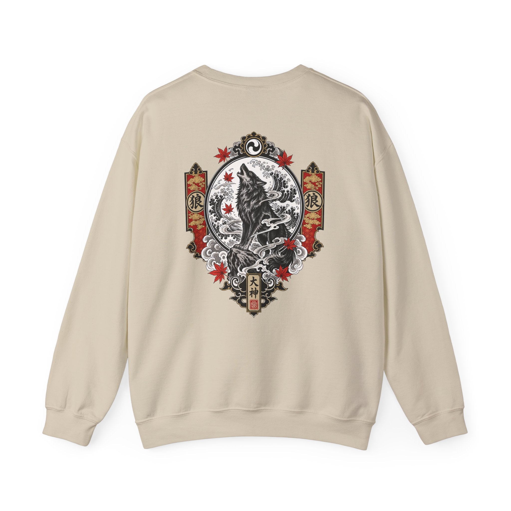 Wolf Crest Crewneck Sweatshirt — Japanese-Inspired Howling Wolf Design