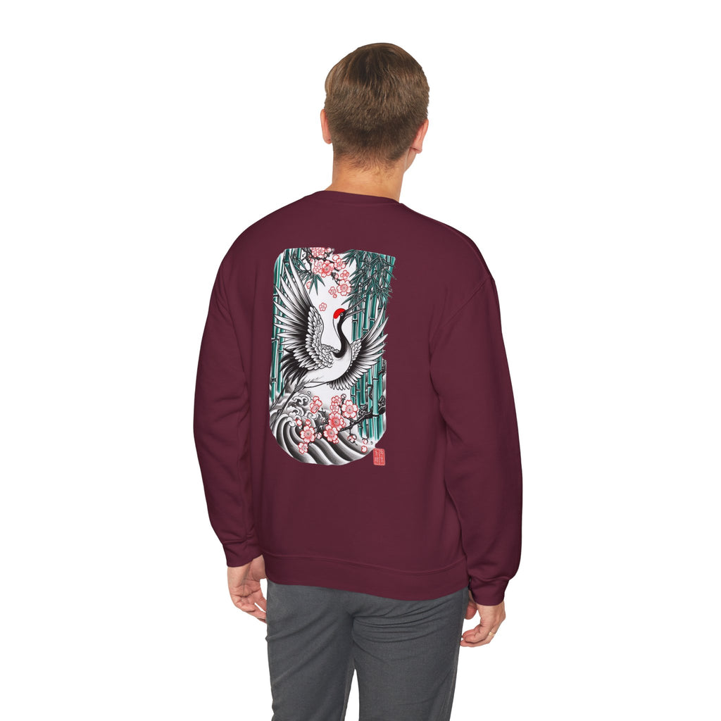 Crane & Cherry Blossom Crewneck Sweatshirt — Japanese Crane Graphic Pullover