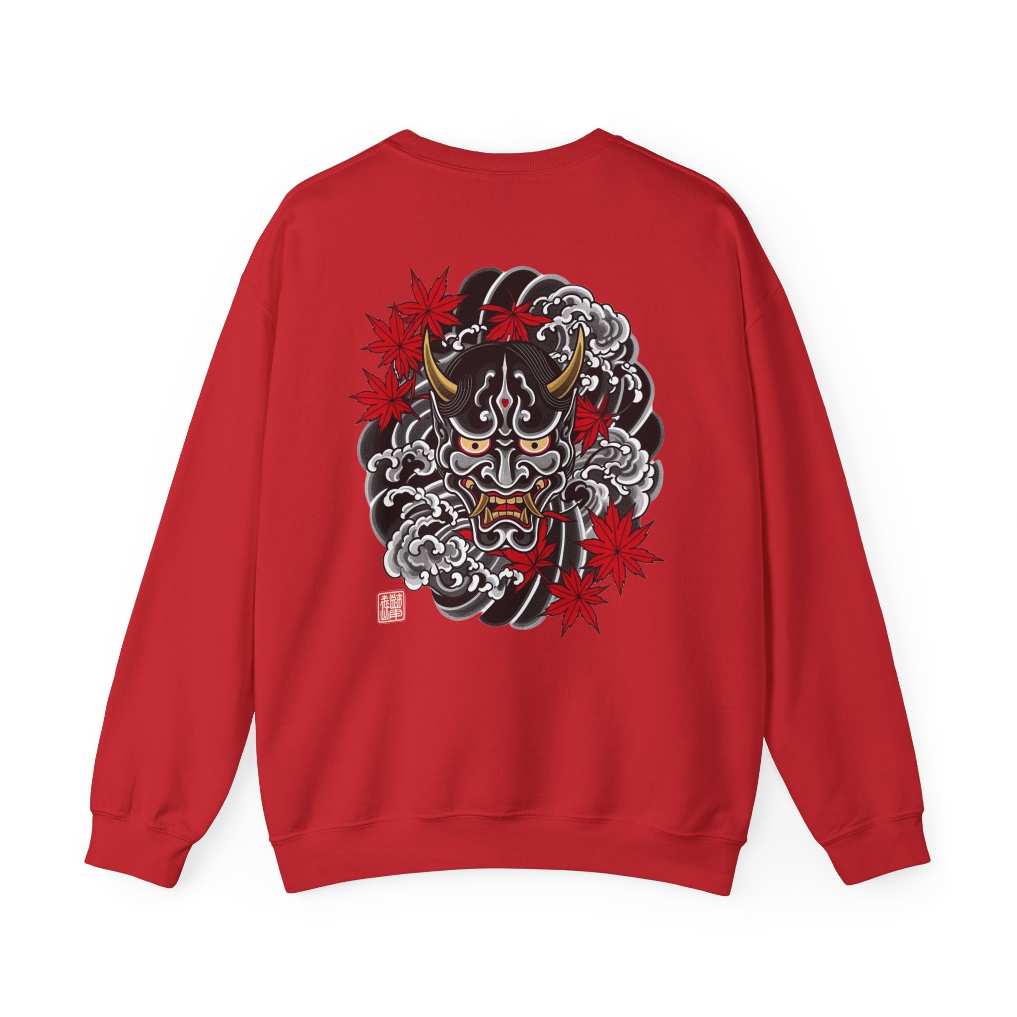 Hannya Demon Crewneck Sweatshirt — Japanese Mask & Maple Leaf Graphic