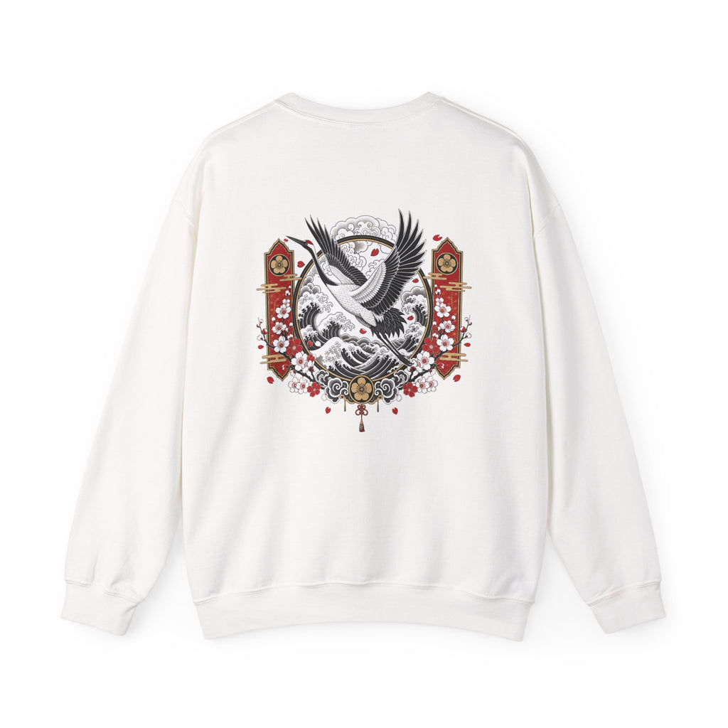 Crane Moon Crewneck Sweatshirt — Japanese-Inspired Crane & Moon Back Graphic