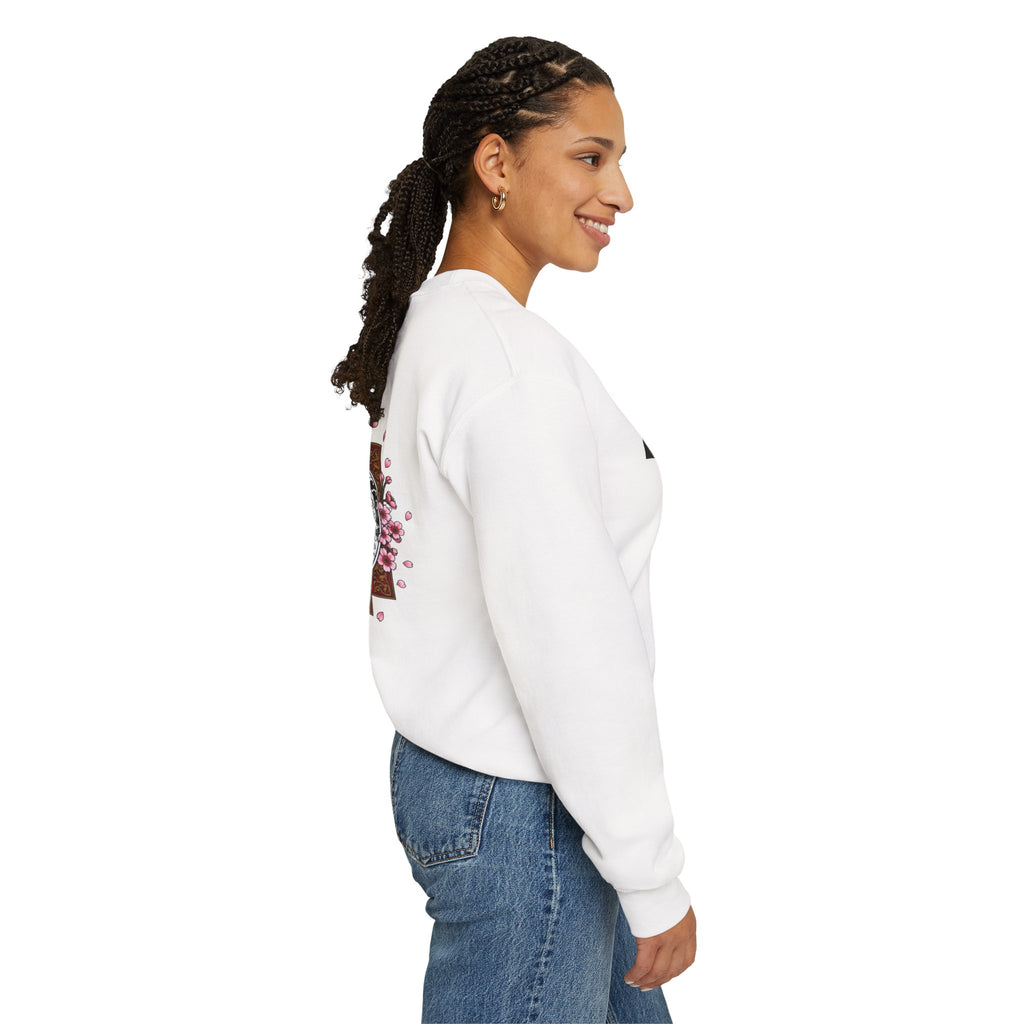 Crewneck Sweatshirt — Koi Fish Cherry Blossom Graphic Back, Minimal Front Logo