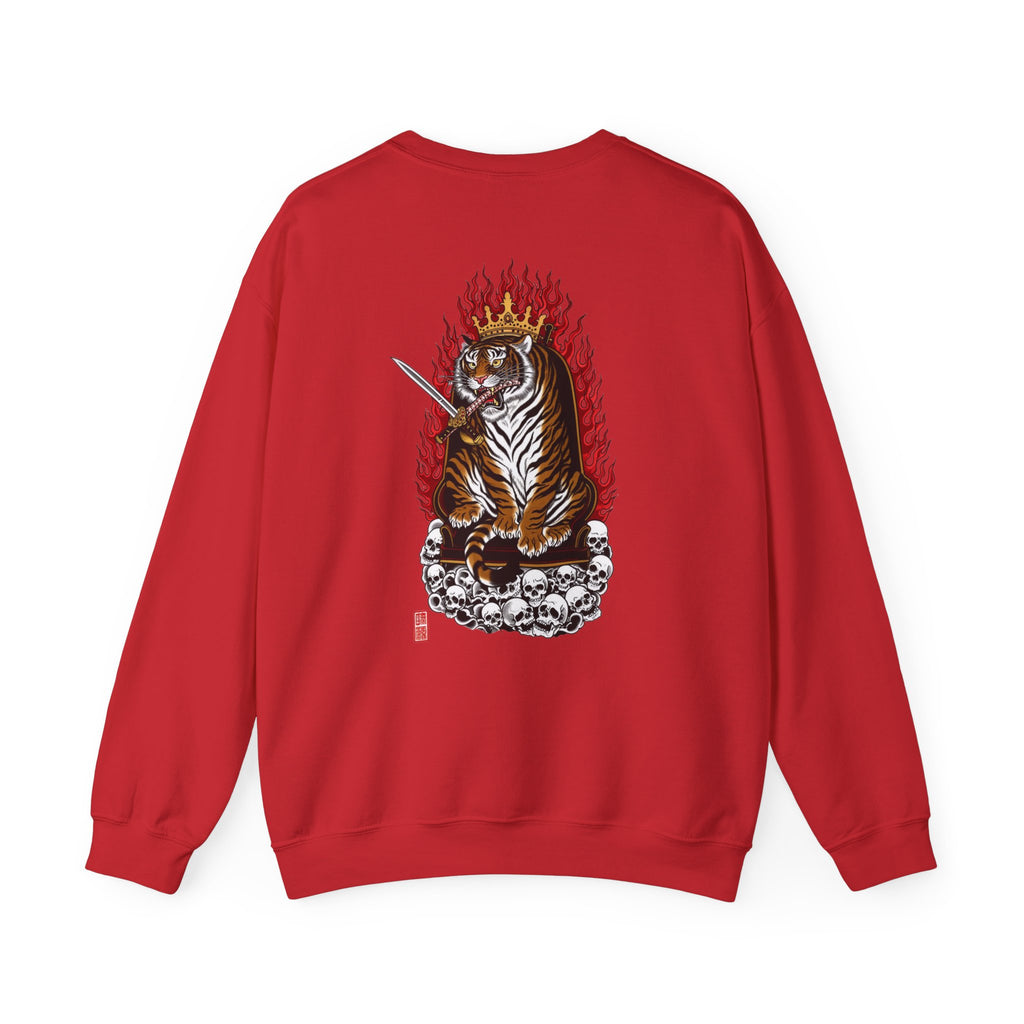 Tiger King Crewneck Sweatshirt — Flaming Tiger on Skulls Graphic