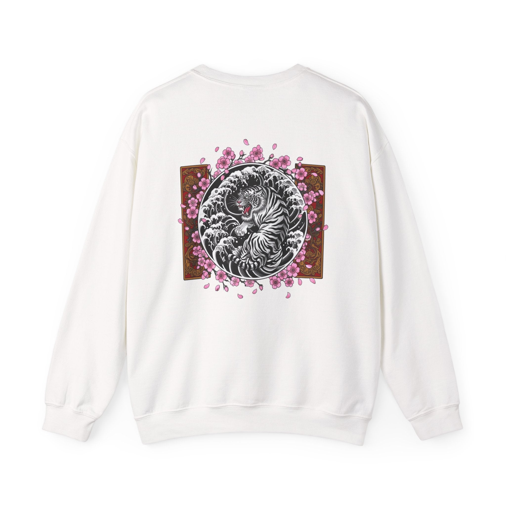 Crewneck Sweatshirt — Yin Yang Tiger with Cherry Blossoms Graphic